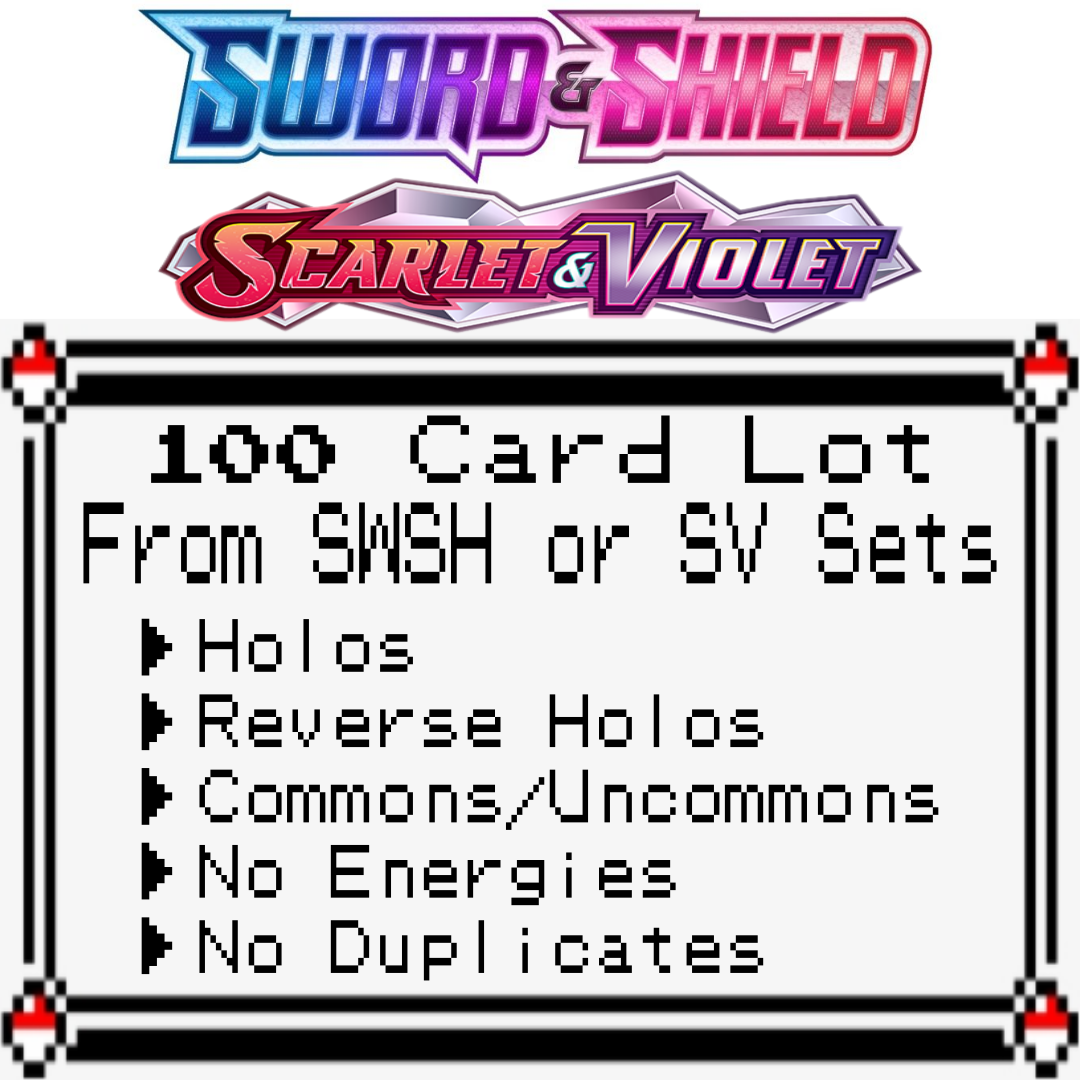 100 Pokemon Card Lot - SWSH & SV Sets - Holos, Reverses, Rares, Commons, Uncommons