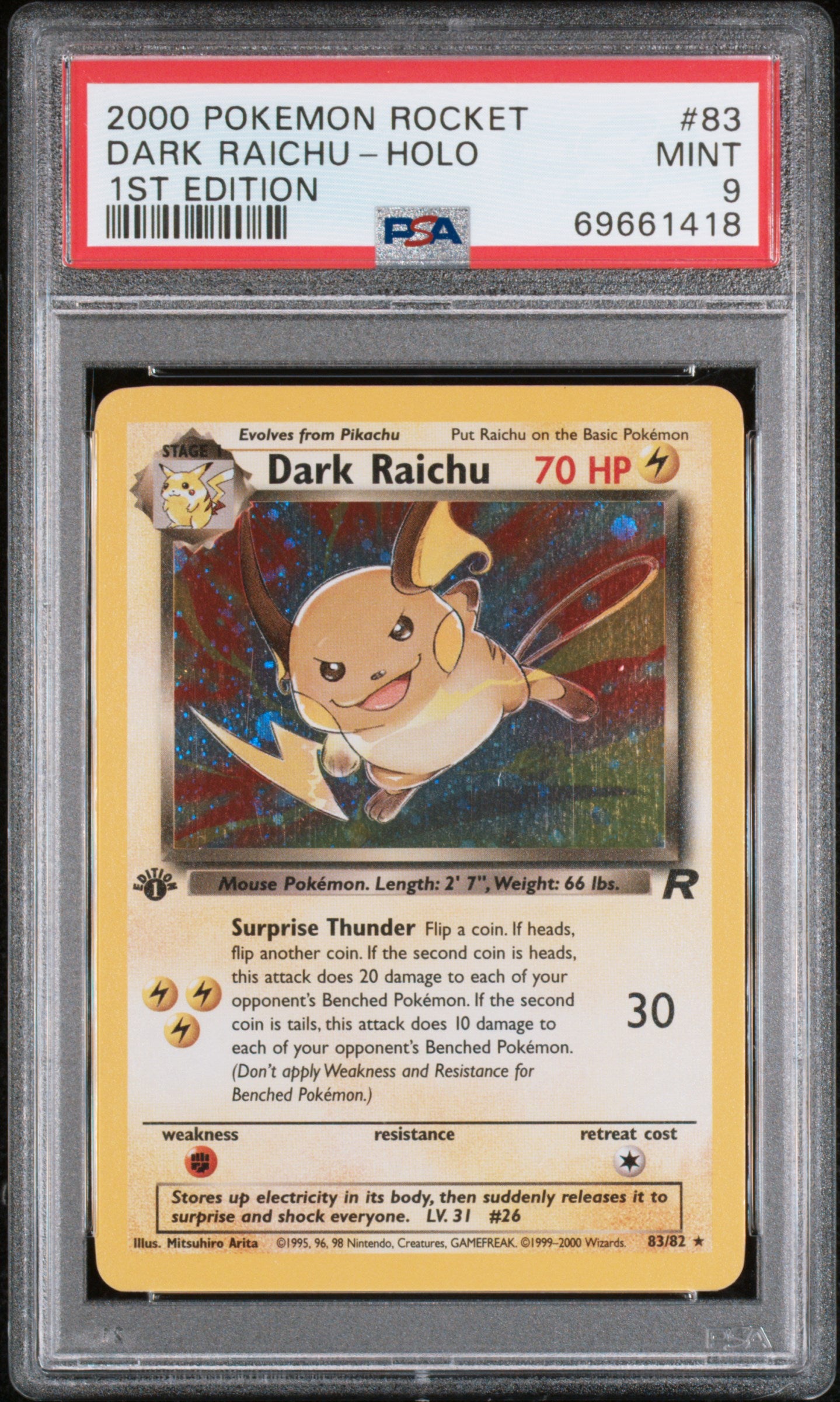 Dark Raichu Team Rocket 1st Edition 83/82 Holo PSA 9 TBC Games Dark Raichu Team Rocket 1st Edition 83/82 Holo PSA 9 TBC Games