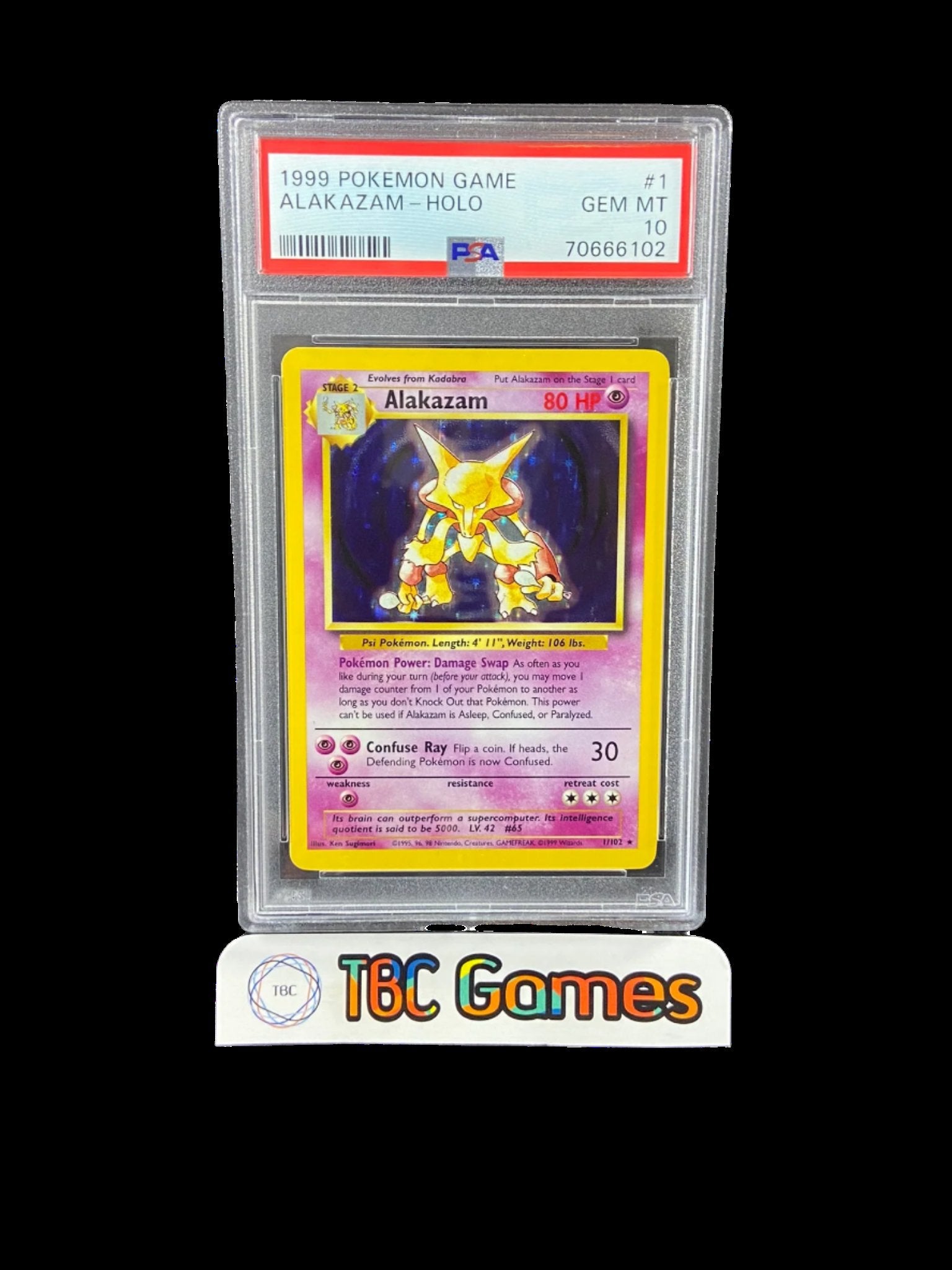 alakazam pokemon card 1999 Alakazam Base Set Unlimited Holo 1/102 PSA 10 – TBC Games
