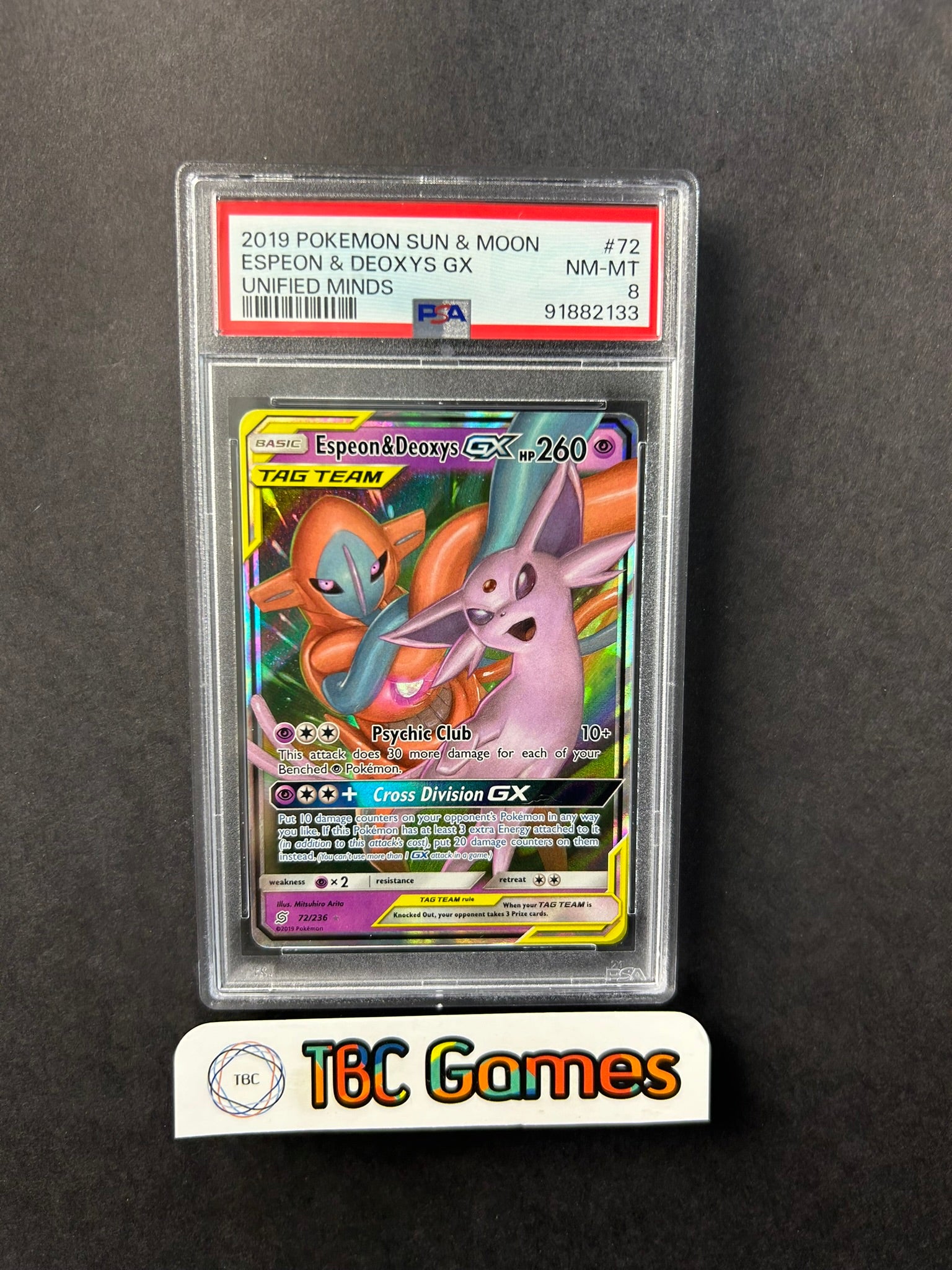 Espeon & Deoxys GX Unified Minds 72/236 PSA 8 TBC Games Espeon & Deoxys GX Unified Minds 72/236 PSA 8 TBC Games
