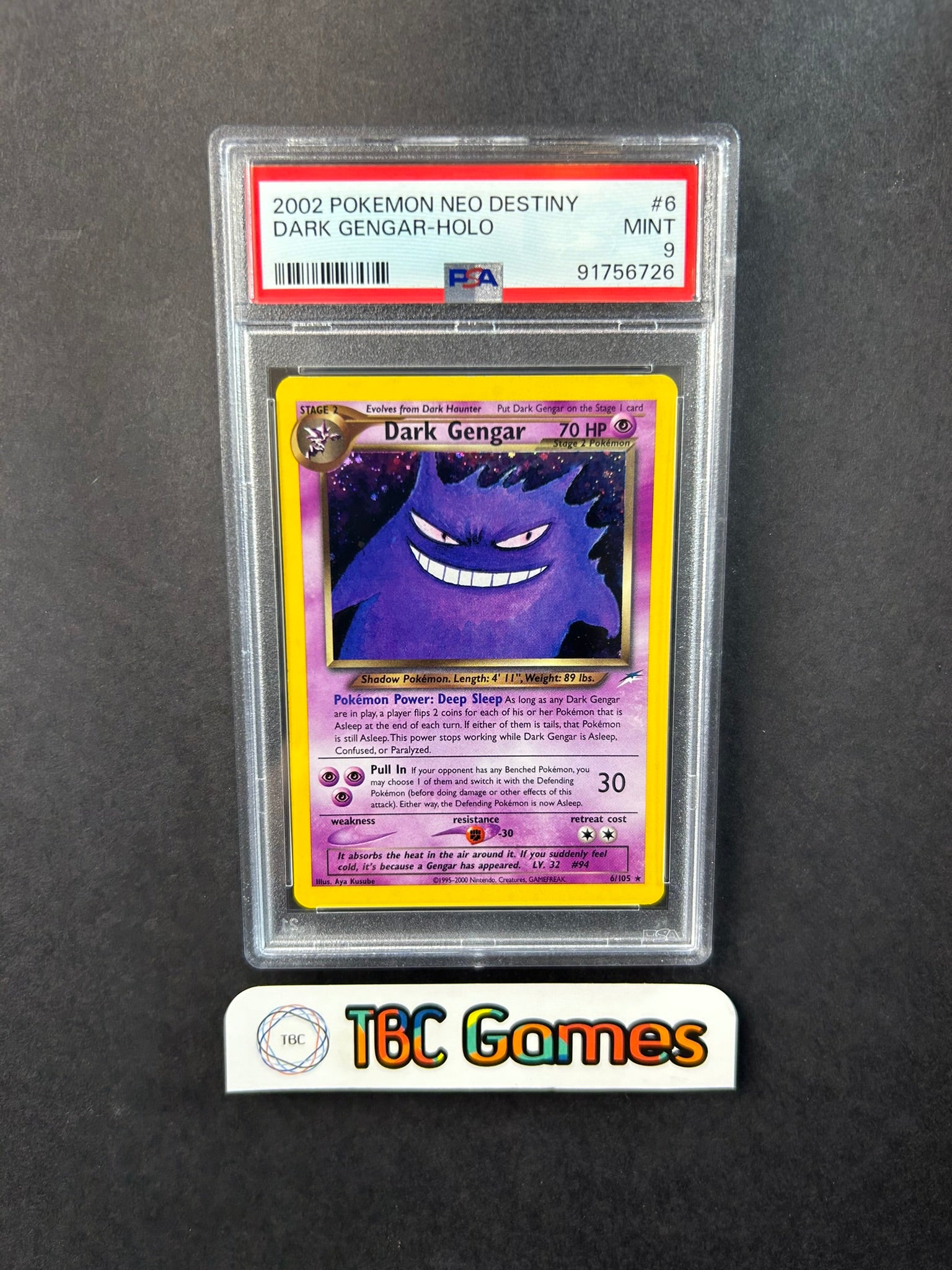Dark Gengar Neo Destiny Unlimited Holo 6/105 PSA 9 TBC Games Dark Gengar Neo Destiny Unlimited Holo 6/105 PSA 9 TBC Games