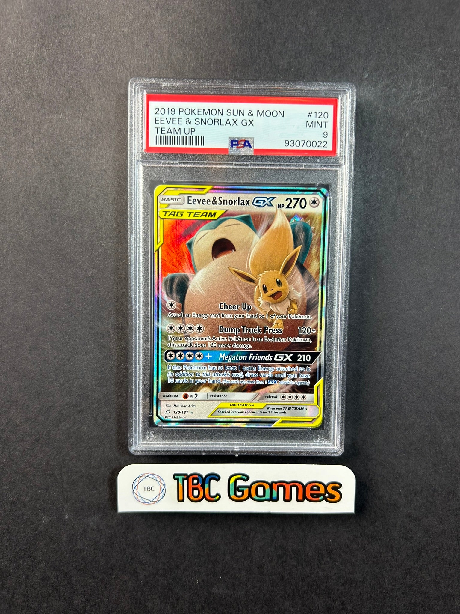 Eevee & Snorlax GX Team Up 120/181 PSA 9 TBC Games Eevee & Snorlax GX Team Up 120/181 PSA 9 TBC Games