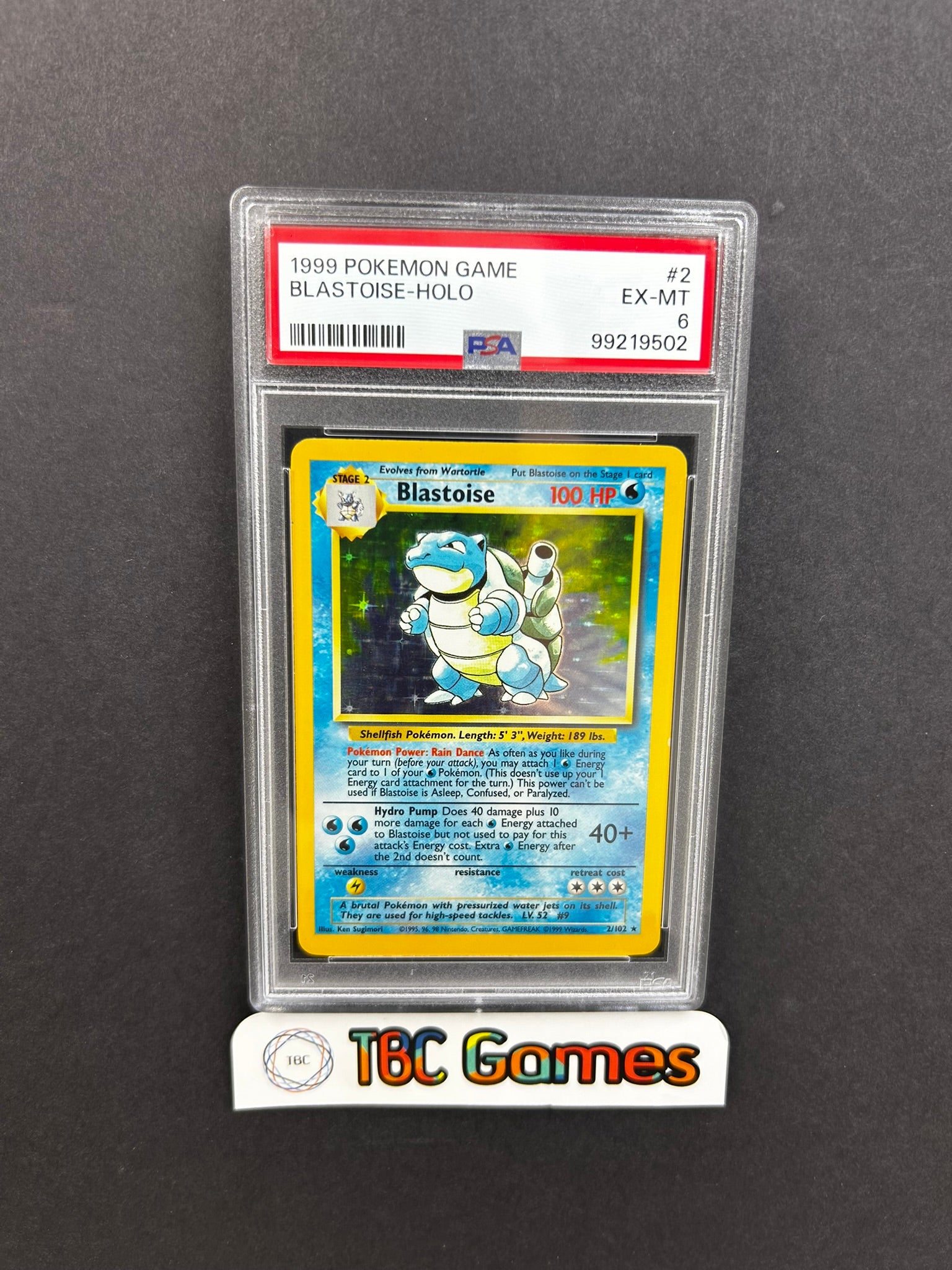 Blastoise Base Set Unlimited Holo 2/102 PSA 6 TBC Games Blastoise Base Set Unlimited Holo 2/102 PSA 6 TBC Games