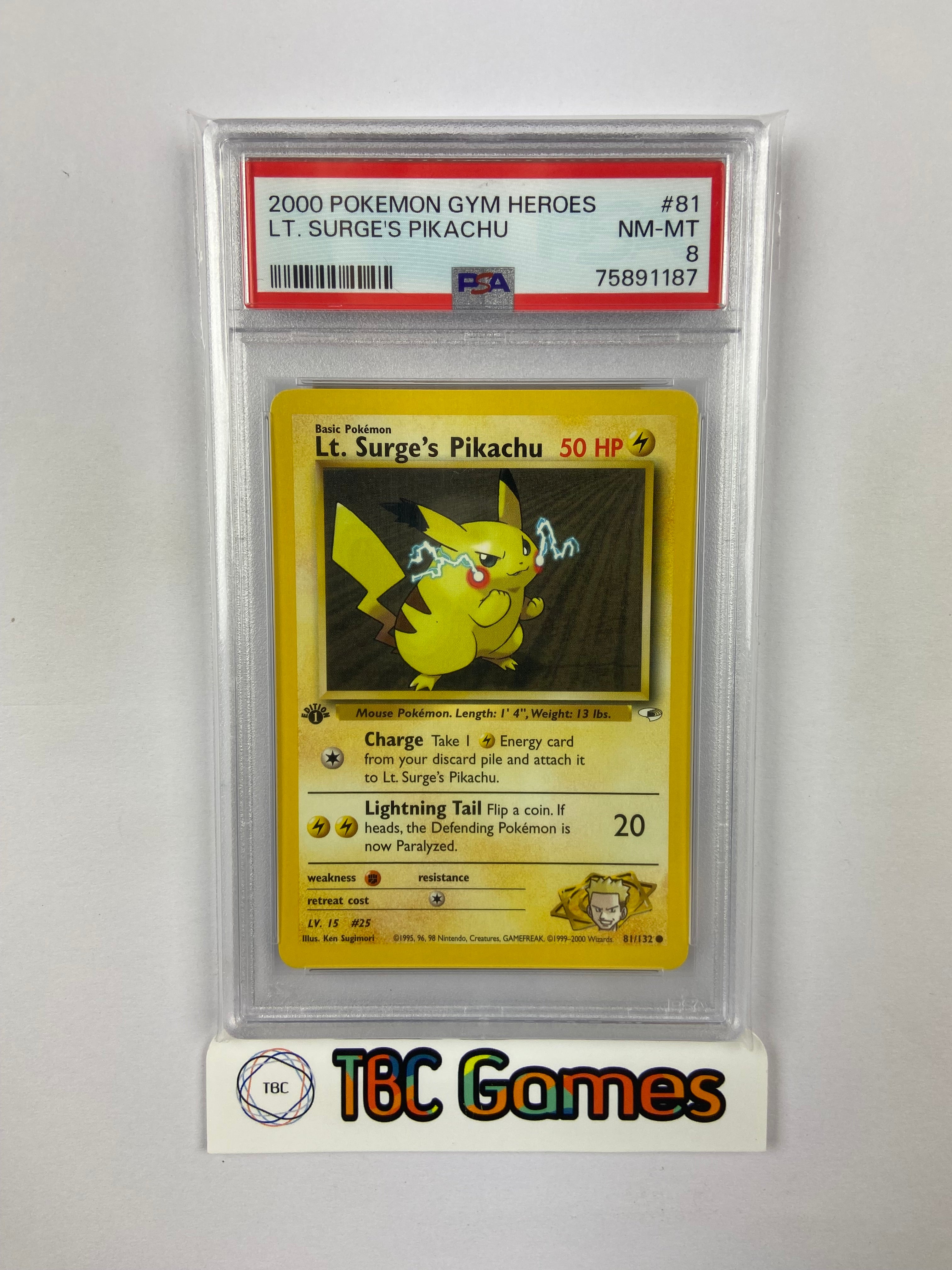 lt surge's pikachu pokemon card value Lt. Surge's Pikachu Gym Heroes 1st Edition 81/132 PSA 8 – TBC Games