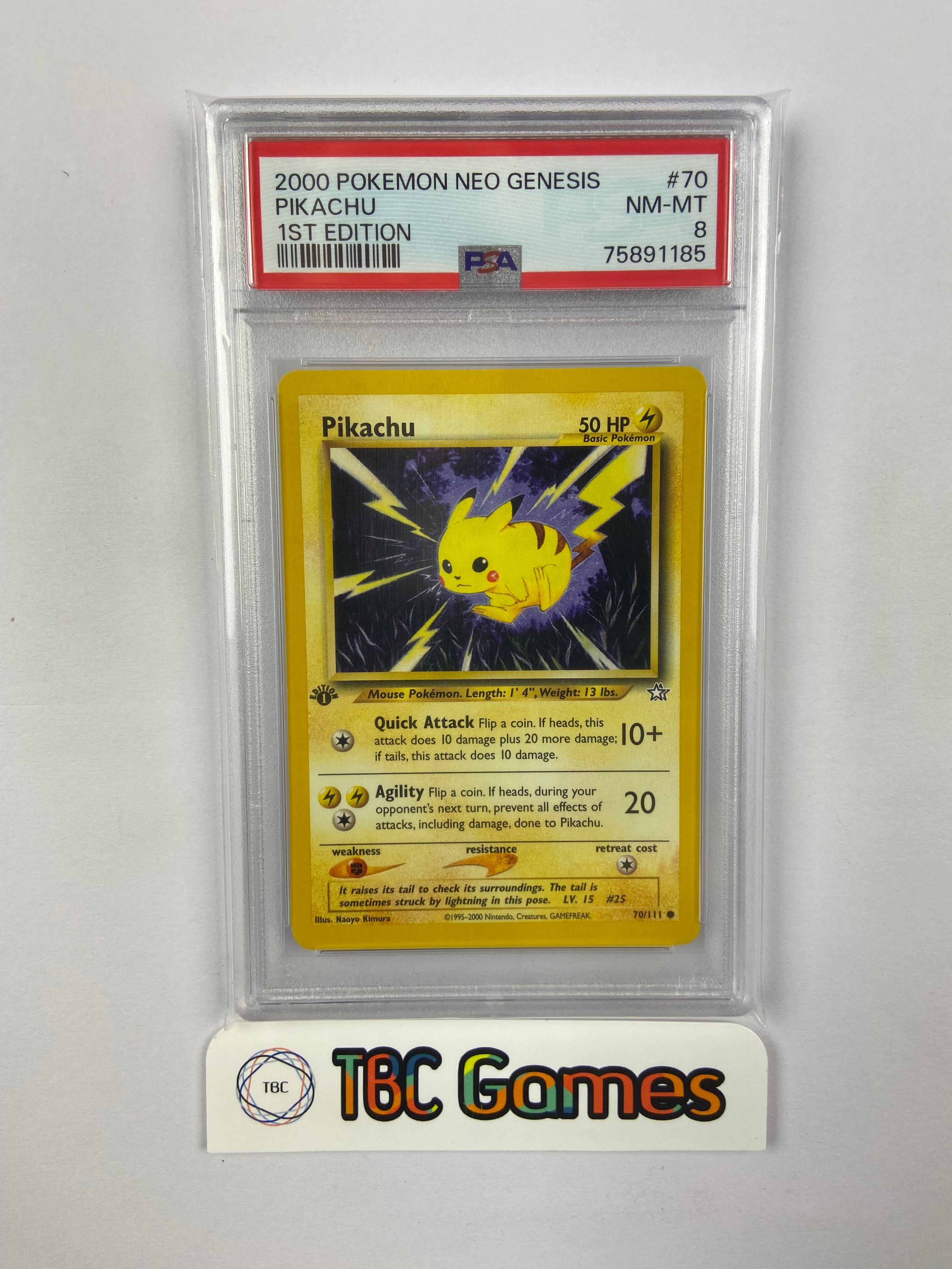 pikachu pokemon card 1st edition Pikachu Neo Genesis 1st Edition 70/111 PSA 8 – TBC Games