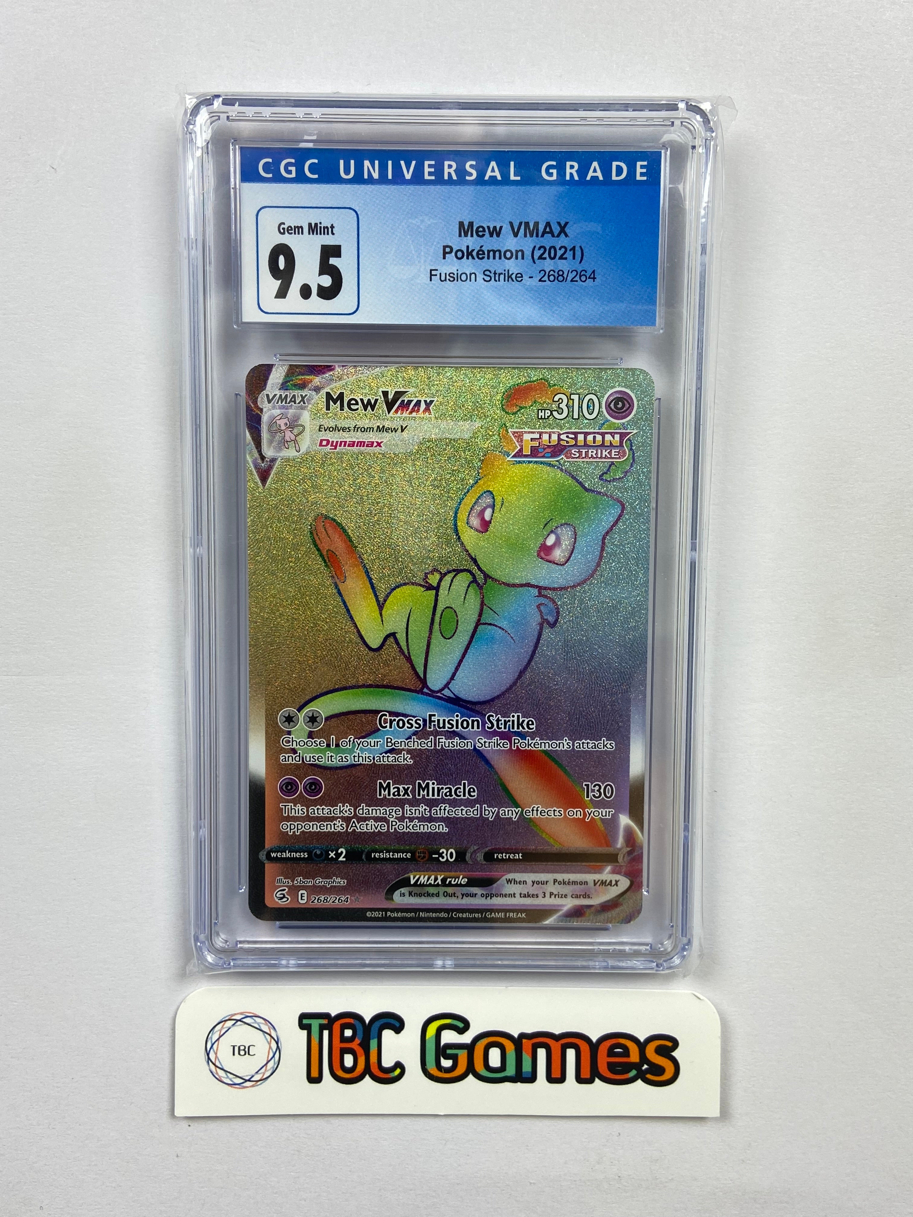 Mew VMAX Fusion Strike Secret Rainbow 268/264 CGC 9.5 TBC Games Mew VMAX Fusion Strike Secret Rainbow 268/264 CGC 9.5 TBC Games