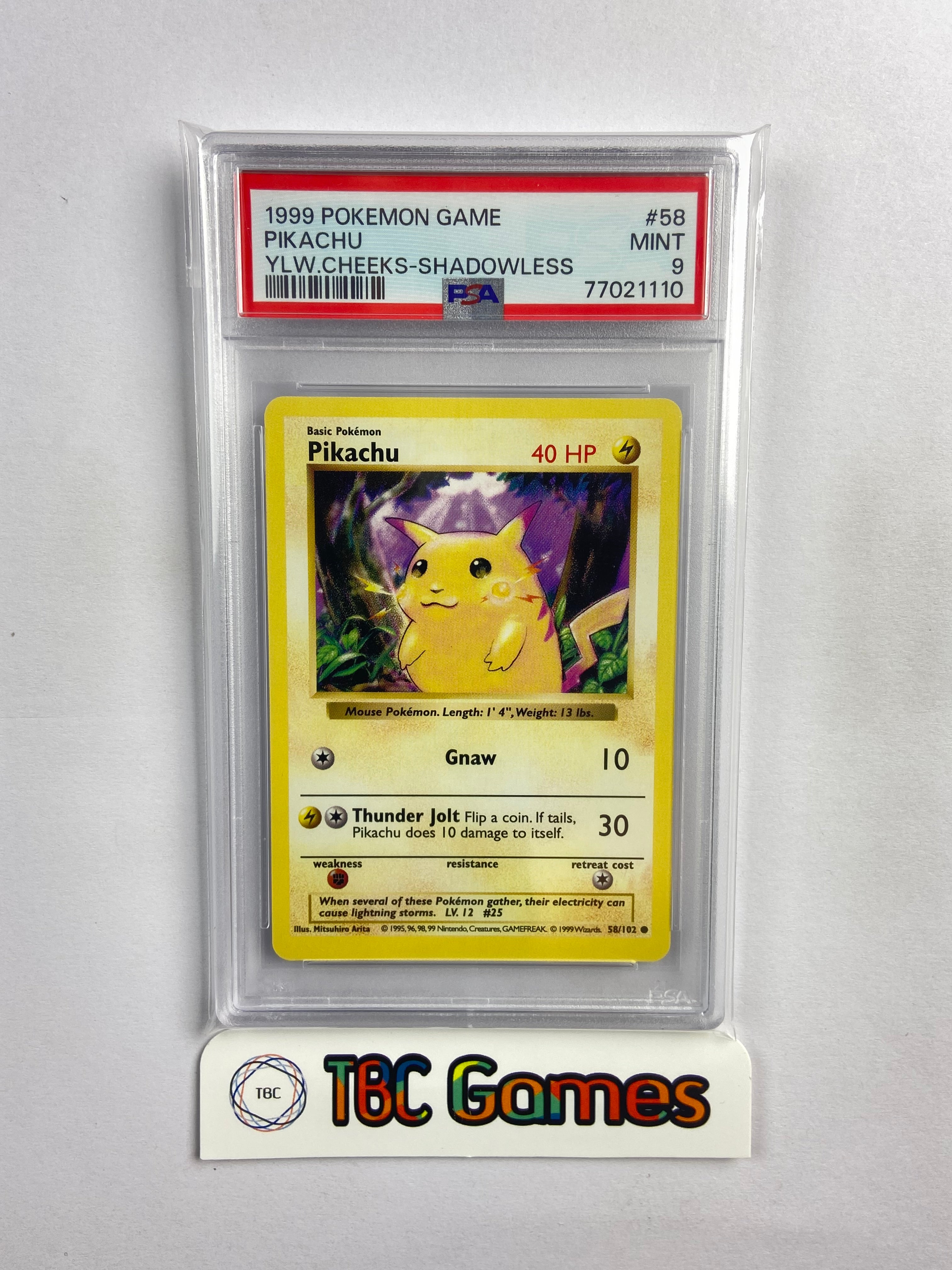 Pikachu Base Set Shadowless Yellow Cheeks 58/102 PSA 9 TBC Games Pikachu Base Set Shadowless Yellow Cheeks 58/102 PSA 9 TBC Games