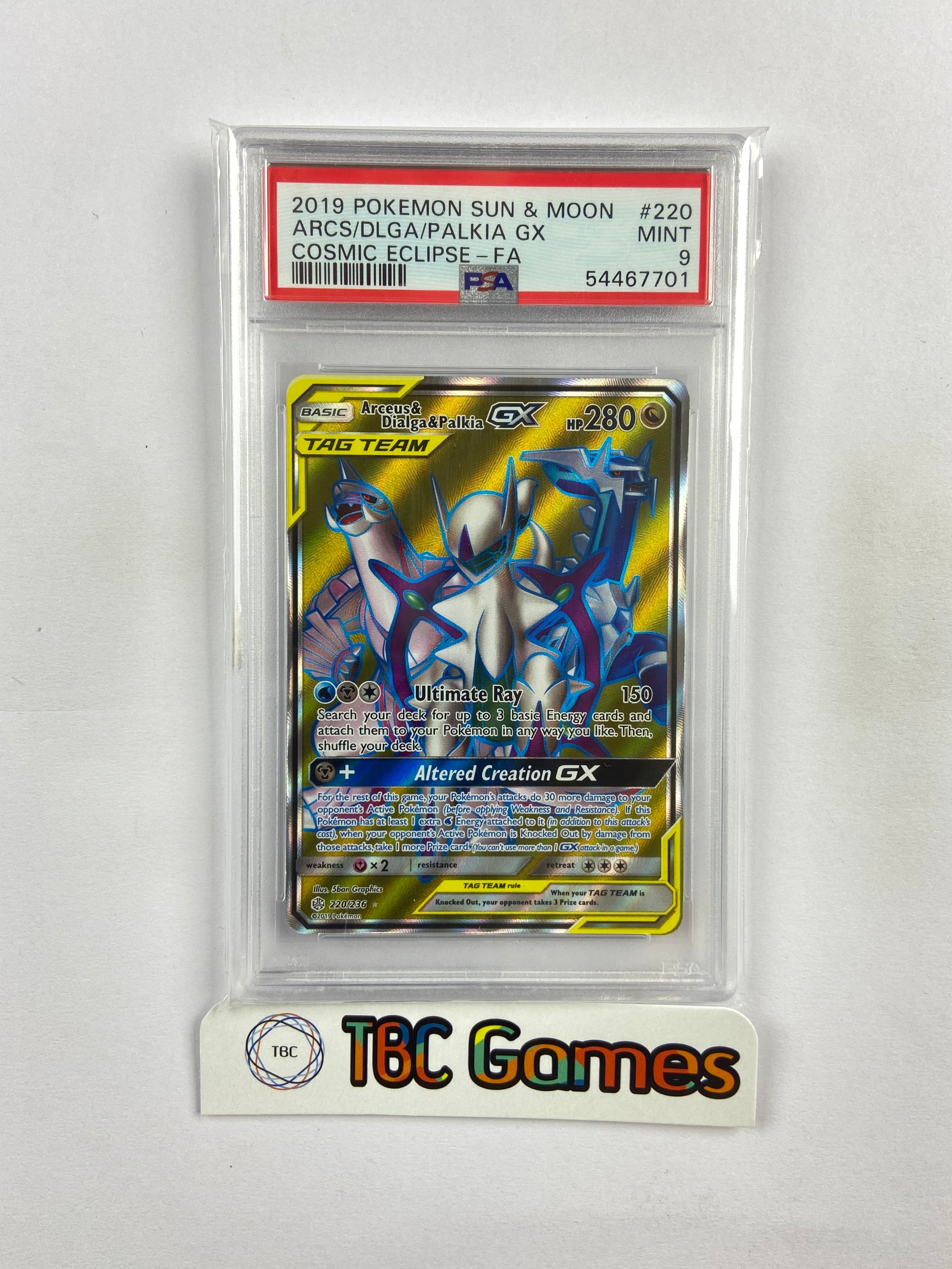 Arceus & Dialga & Palkia GX Cosmic Eclipse 220/236 PSA 9 TBC Games Arceus & Dialga & Palkia GX Cosmic Eclipse 220/236 PSA 9 TBC Games