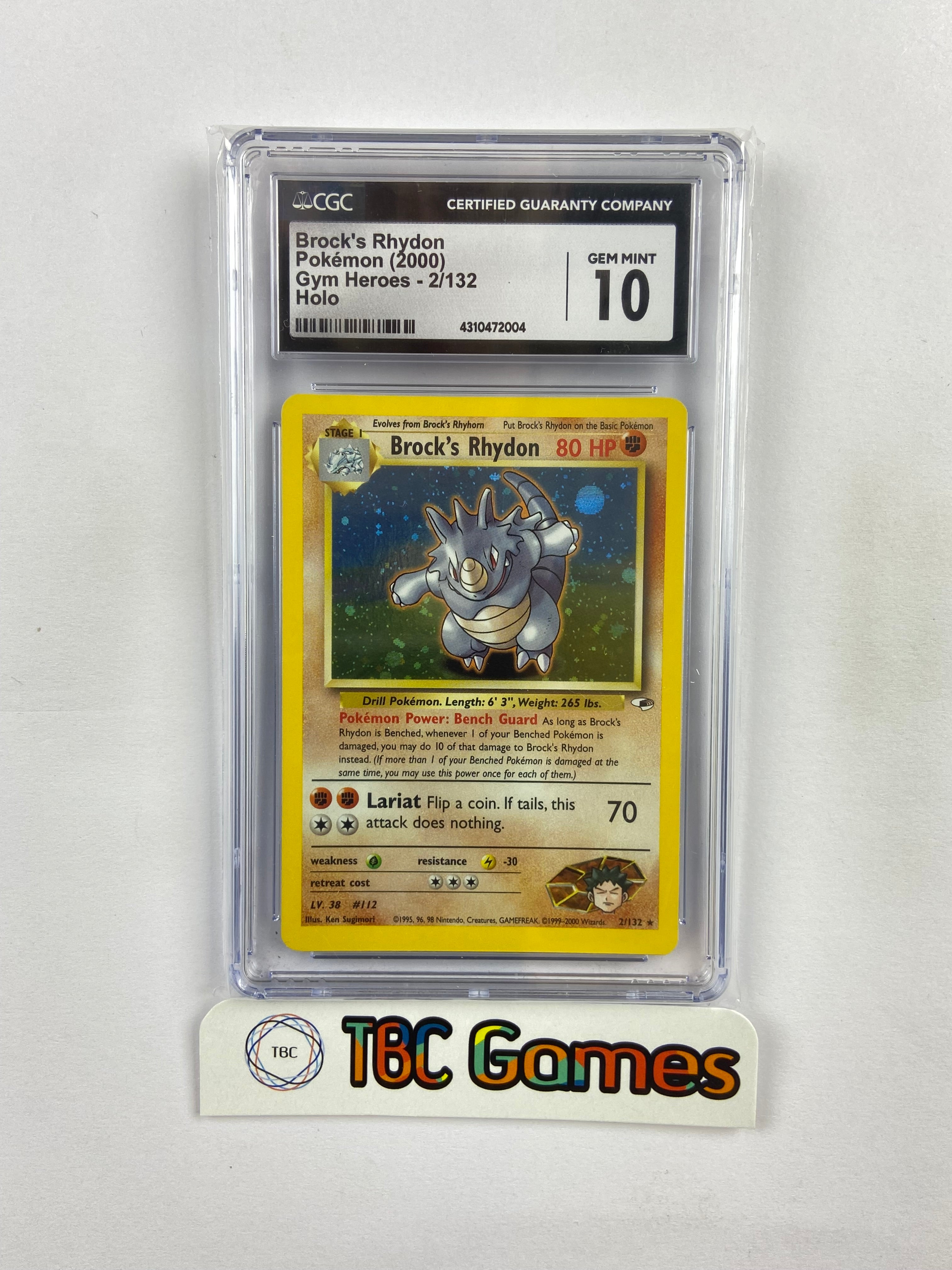 Brock's Rhydon Gym Heroes Holo Unlimited 2/132 CGC 10 TBC Games Brock's Rhydon Gym Heroes Holo Unlimited 2/132 CGC 10 TBC Games