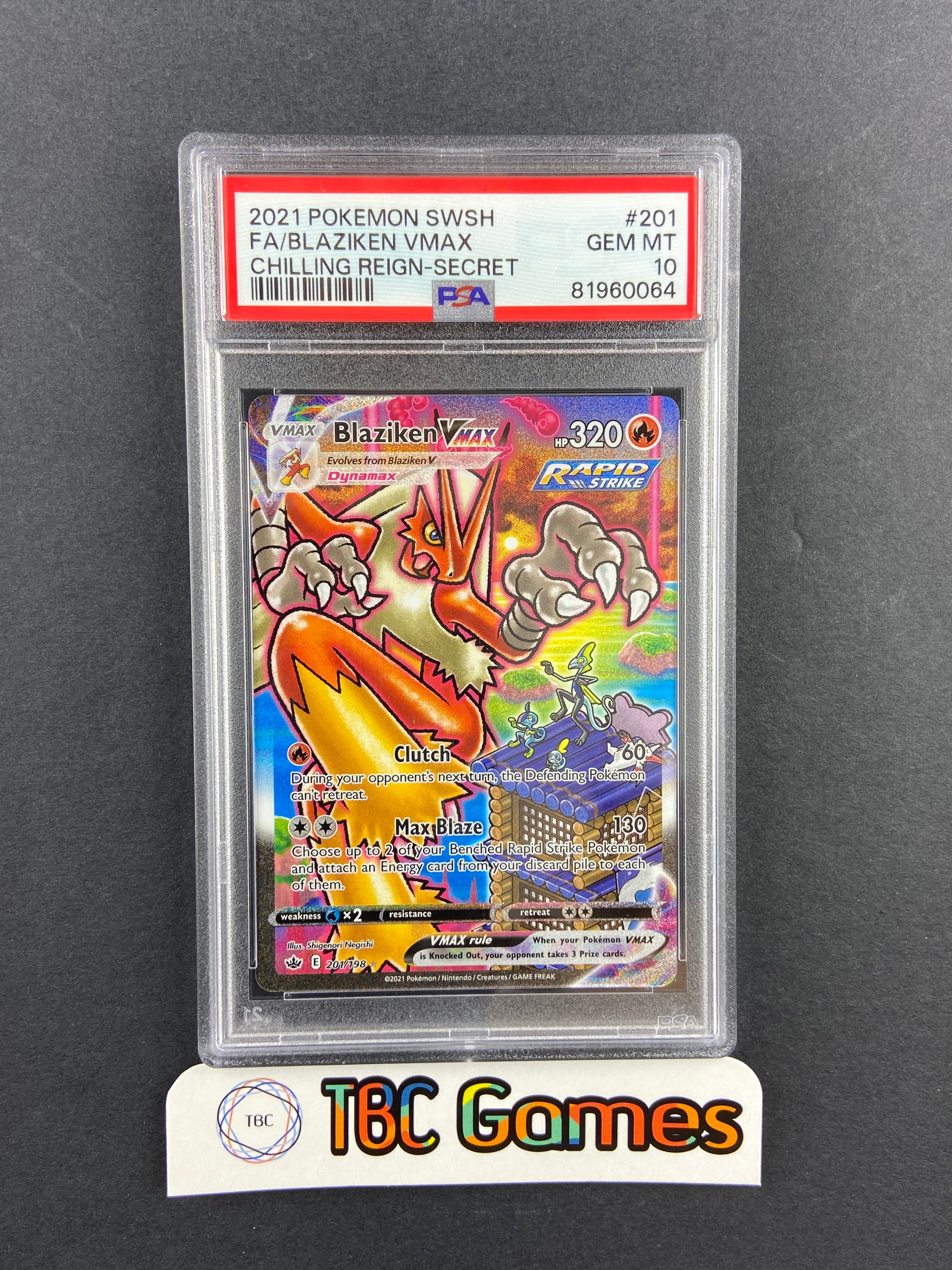 rare blaziken card Blaziken VMAX Chilling Reign Alt Art 201/198 PSA 10 – TBC Games