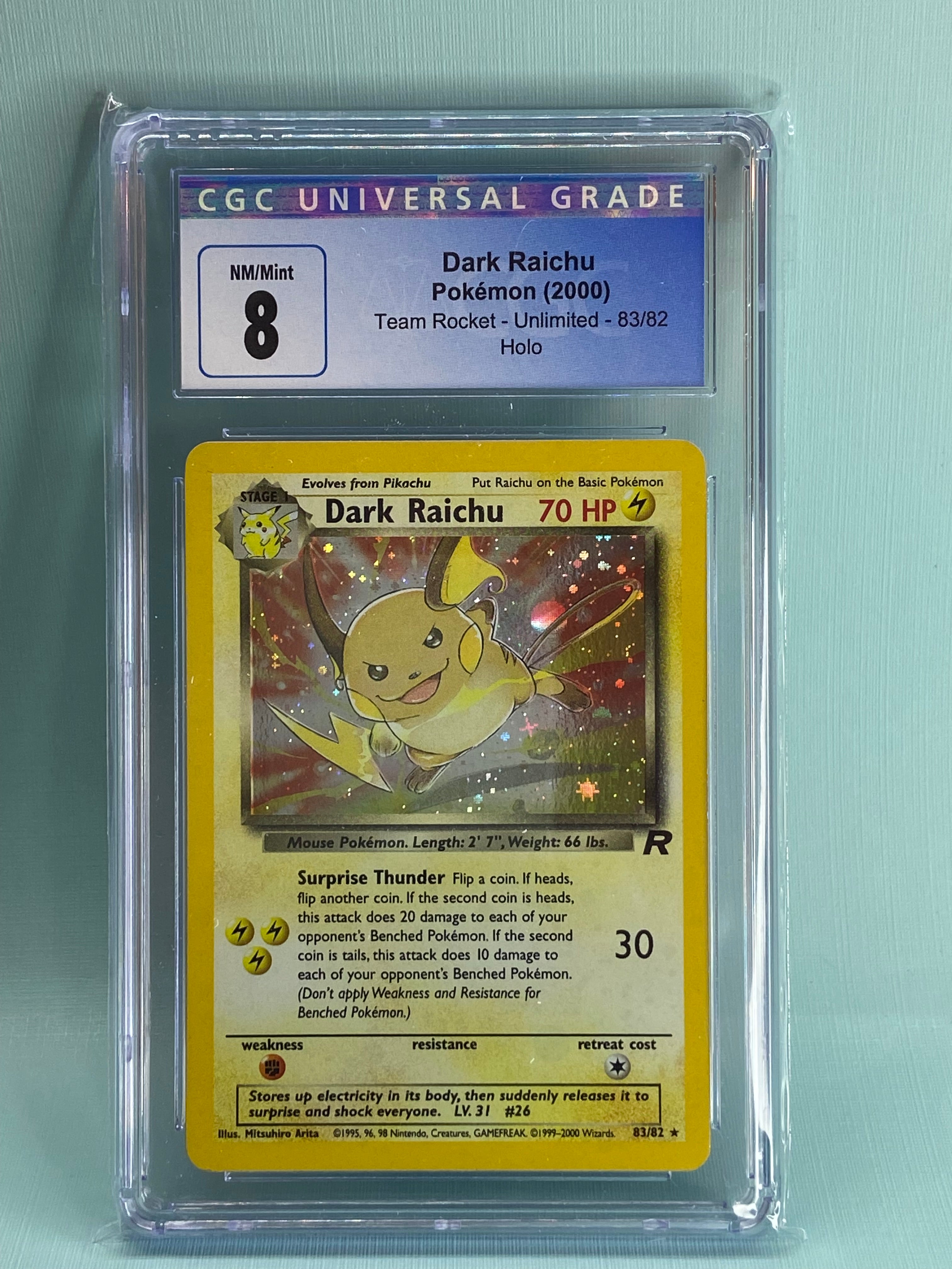 pokemon card dark raichu Dark Raichu Team Rocket Holo 83/82 CGC 8 – TBC Games