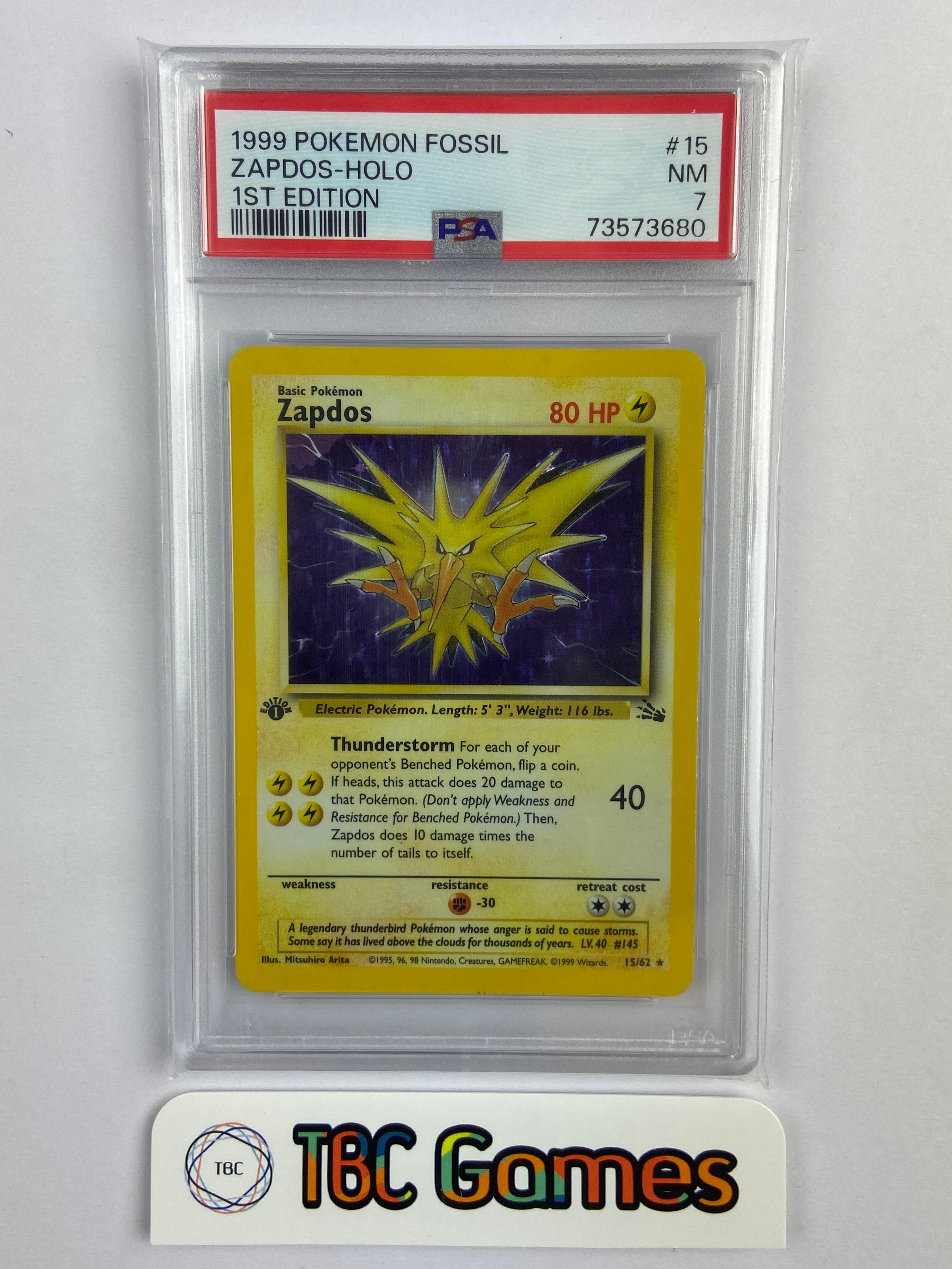 Zapdos Fossil Holo 1st Edition 15/62 PSA 7 TBC Games Zapdos Fossil Holo 1st Edition 15/62 PSA 7 TBC Games