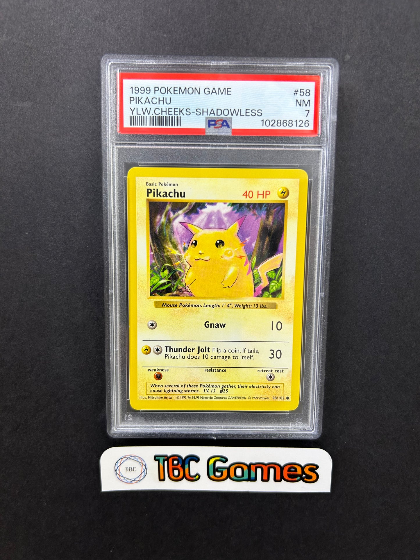 Pikachu Base Set Yellow Cheeks Shadowless 58/102 PSA 7