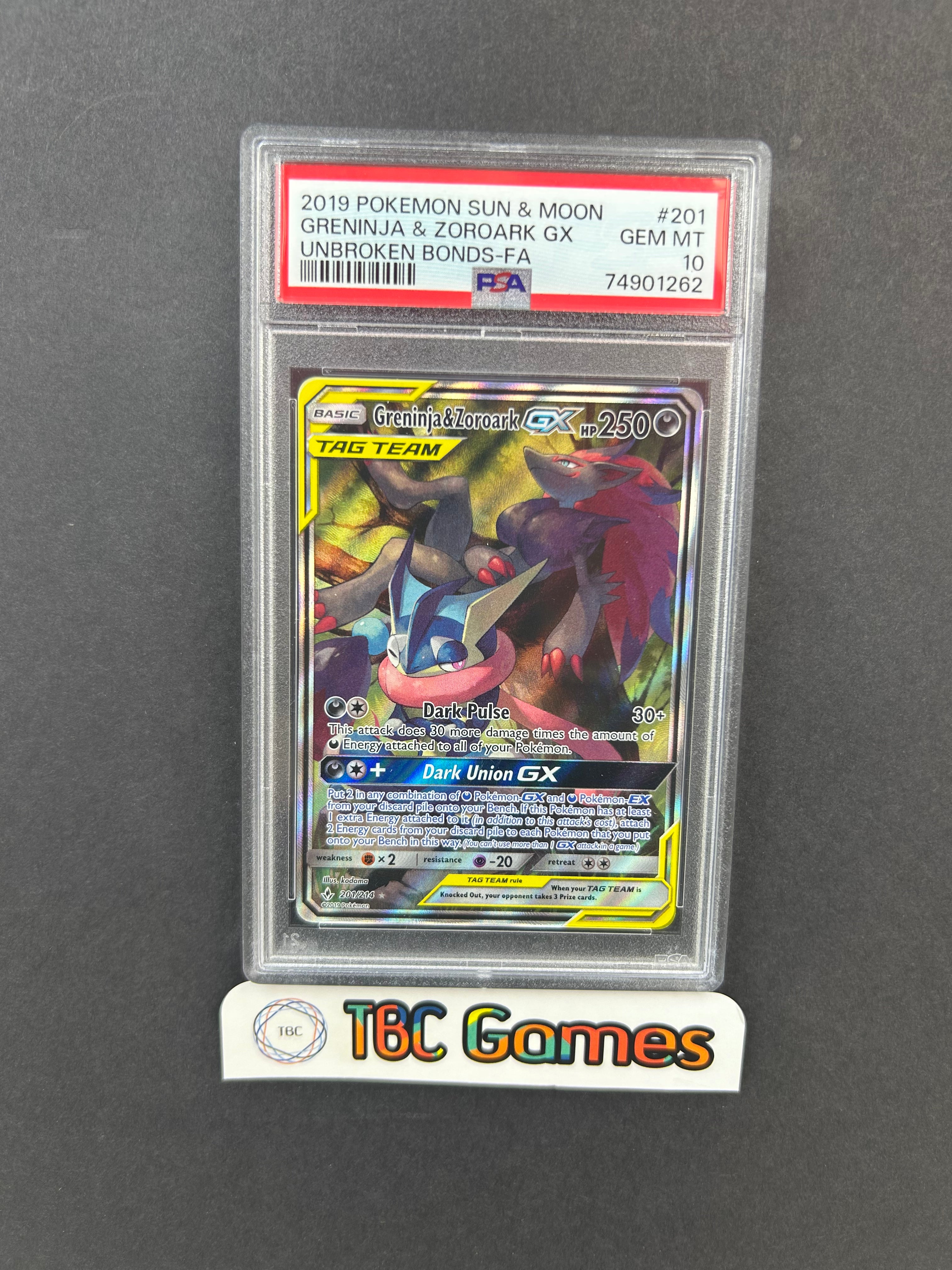 Greninja & Zoroark GX Unbroken Bonds Alt Art #201 PSA 10 – TBC Games