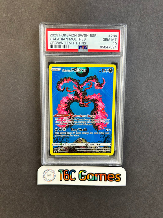 Galarian Moltres SWSH284 Crown Zenith Tin PSA 10