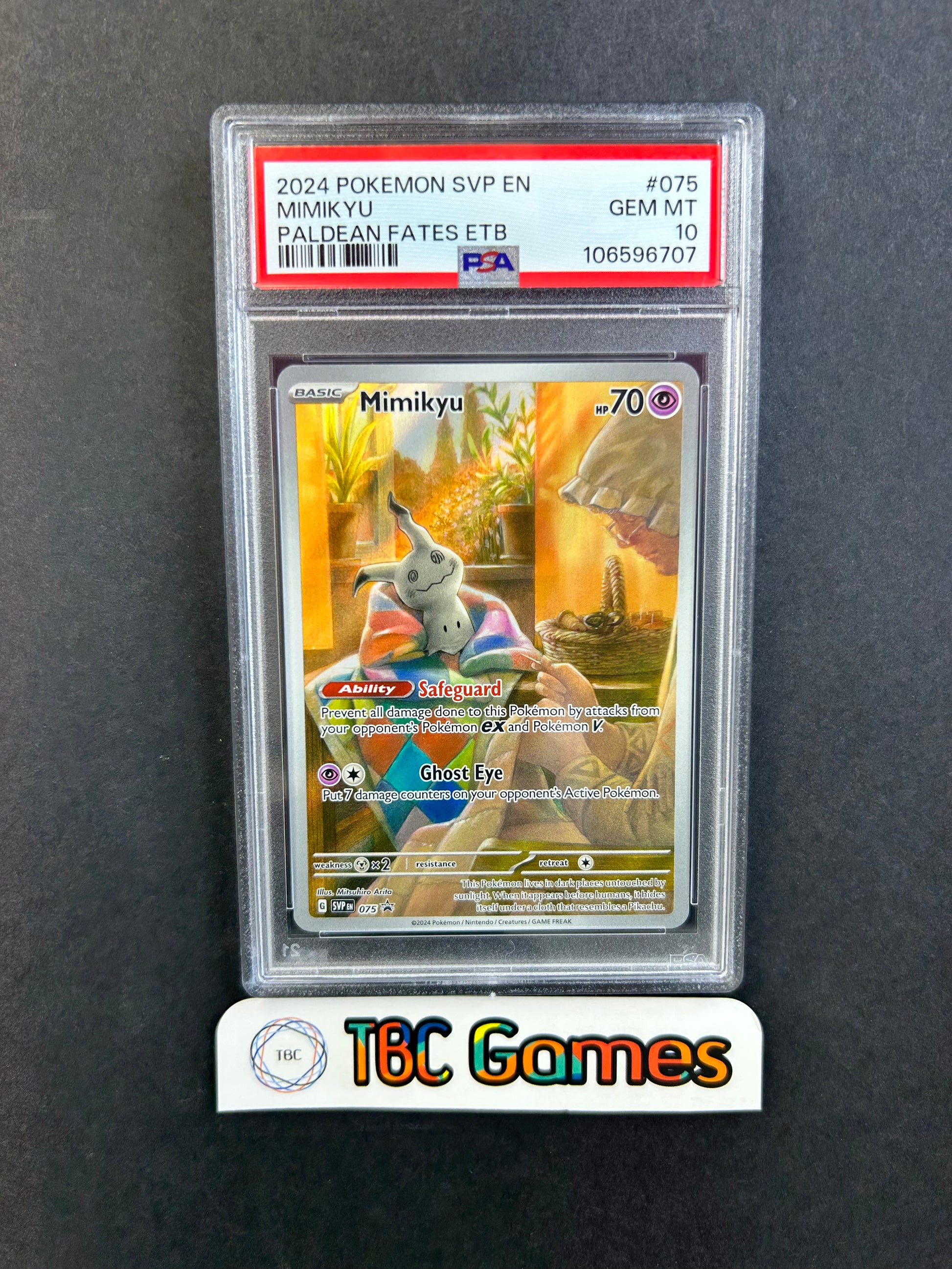 Mimikyu Paldean Fates ETB Black Star Promo SVP 075 PSA 10 TBC Games Mimikyu Paldean Fates ETB Black Star Promo SVP 075 PSA 10 TBC Games