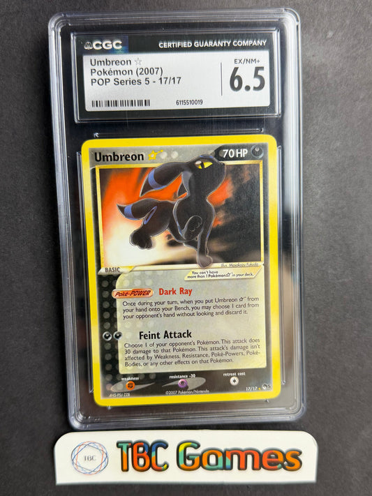Umbreon Gold Star Trading card in protective case with CGC grading label on a dark surface