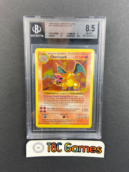 Charizard Base Set Shadowless Holo 4/102 BGS 8.5 TBC Games Charizard Base Set Shadowless Holo 4/102 BGS 8.5 TBC Games