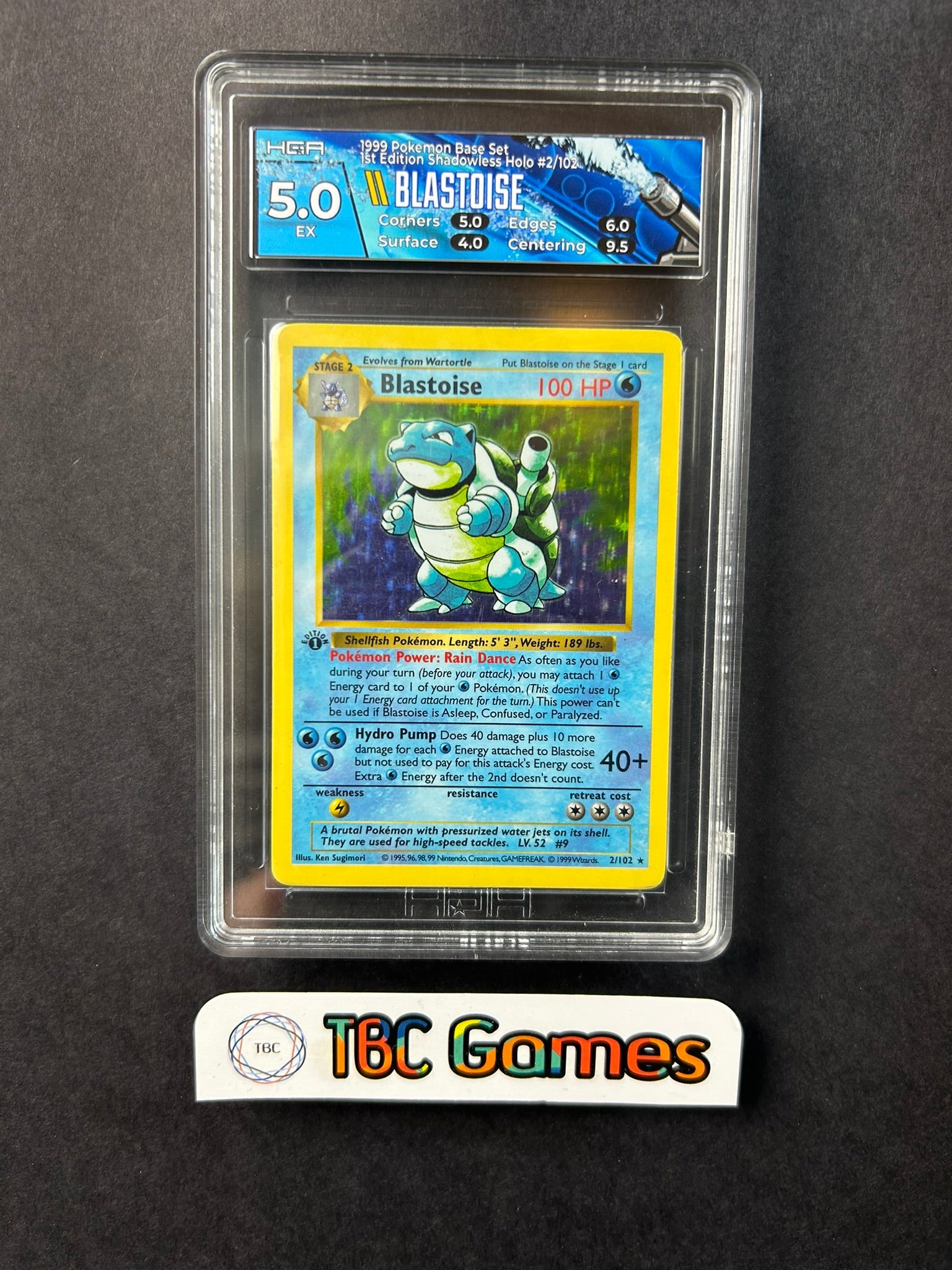 Blastoise Base Set 1st Edition Shadowless Holo 2/102 HGA 5 – TBC Games