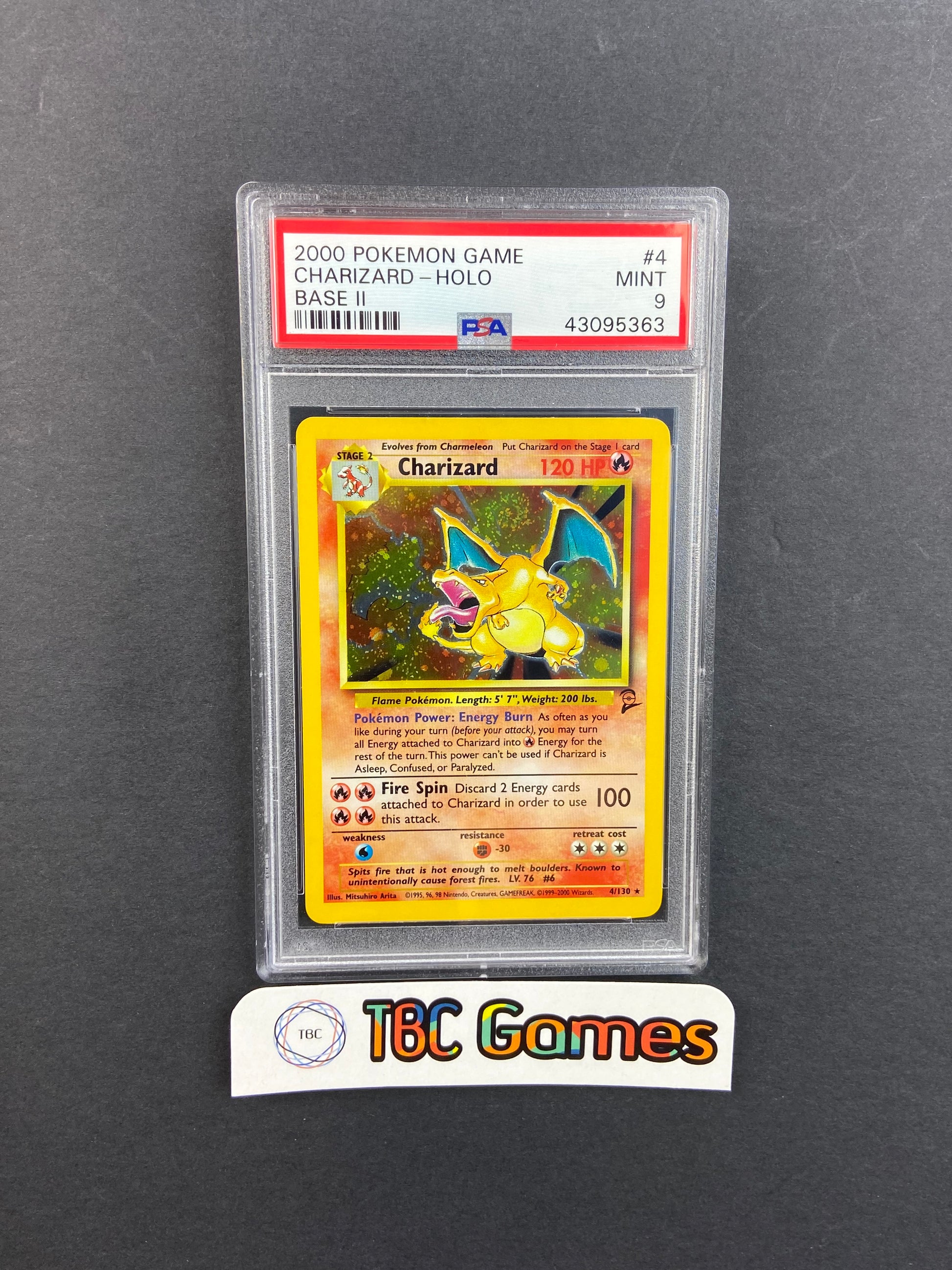 charizard holographic card 4 130 Charizard Base Set 2 Holo 4/130 PSA 9 w/ SWIRL – TBC Games