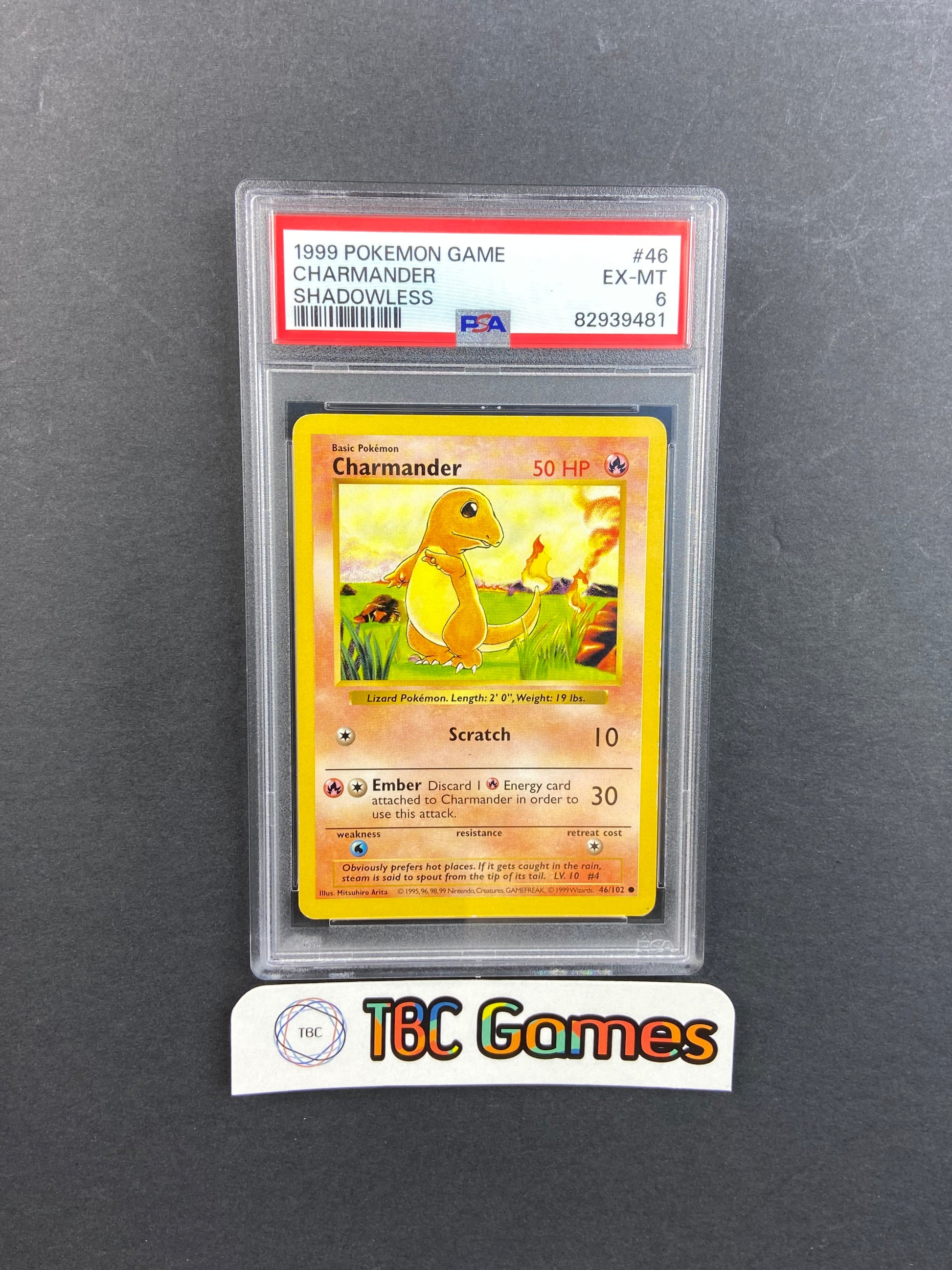 Charmander Base Set Shadowless 46/102 PSA 6 TBC Games Charmander Base Set Shadowless 46/102 PSA 6 TBC Games