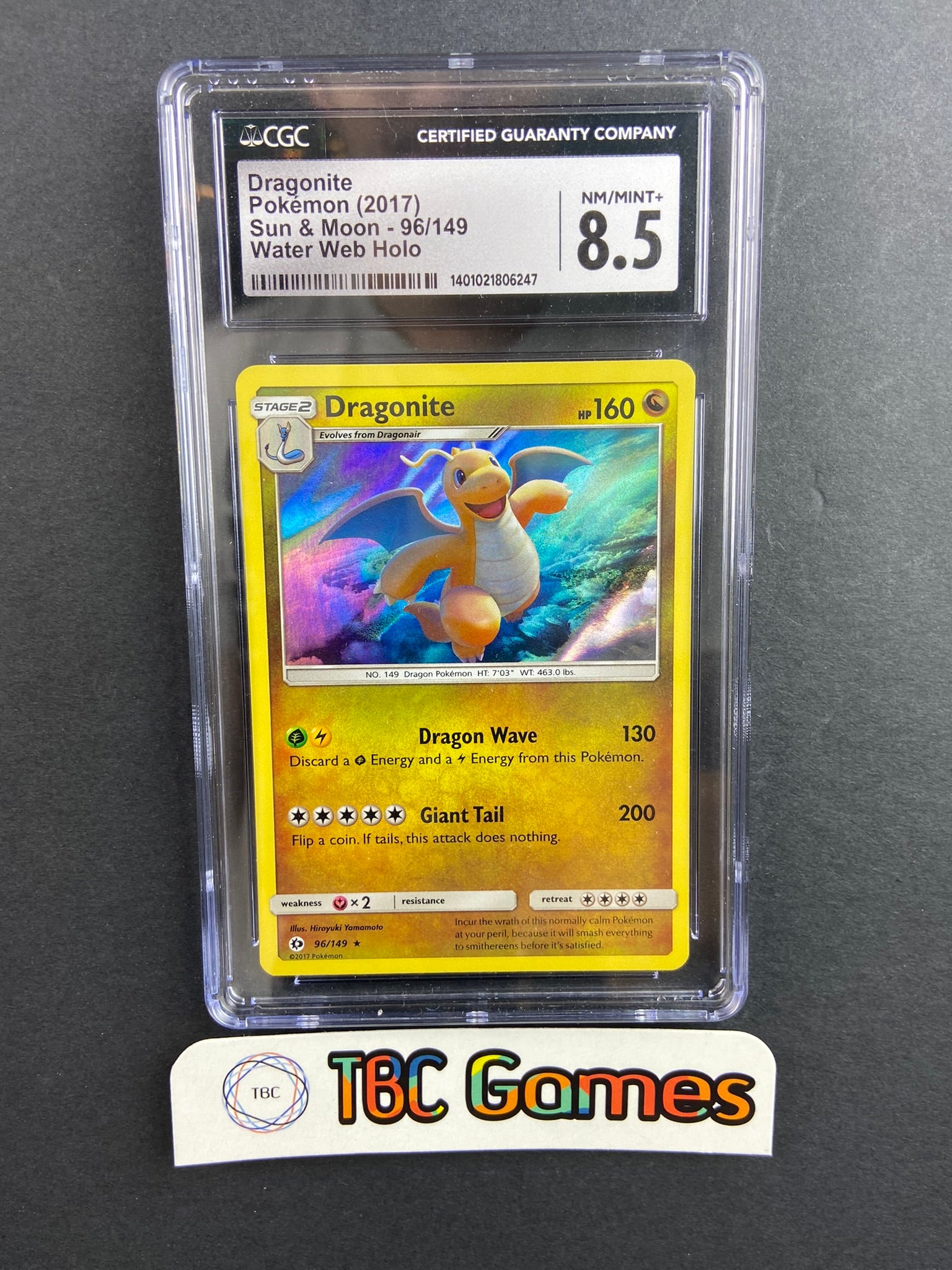 Dragonite Sun & Moon Base 96/149 Water Web Holo CGC 8.5