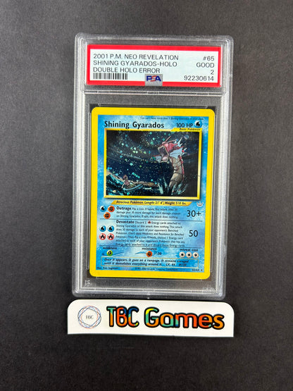 Shining Gyarados Double Holo Error Neo Revelation 65/64 PSA 2 TBC Games Shining Gyarados Double Holo Error Neo Revelation 65/64 PSA 2 TBC Games