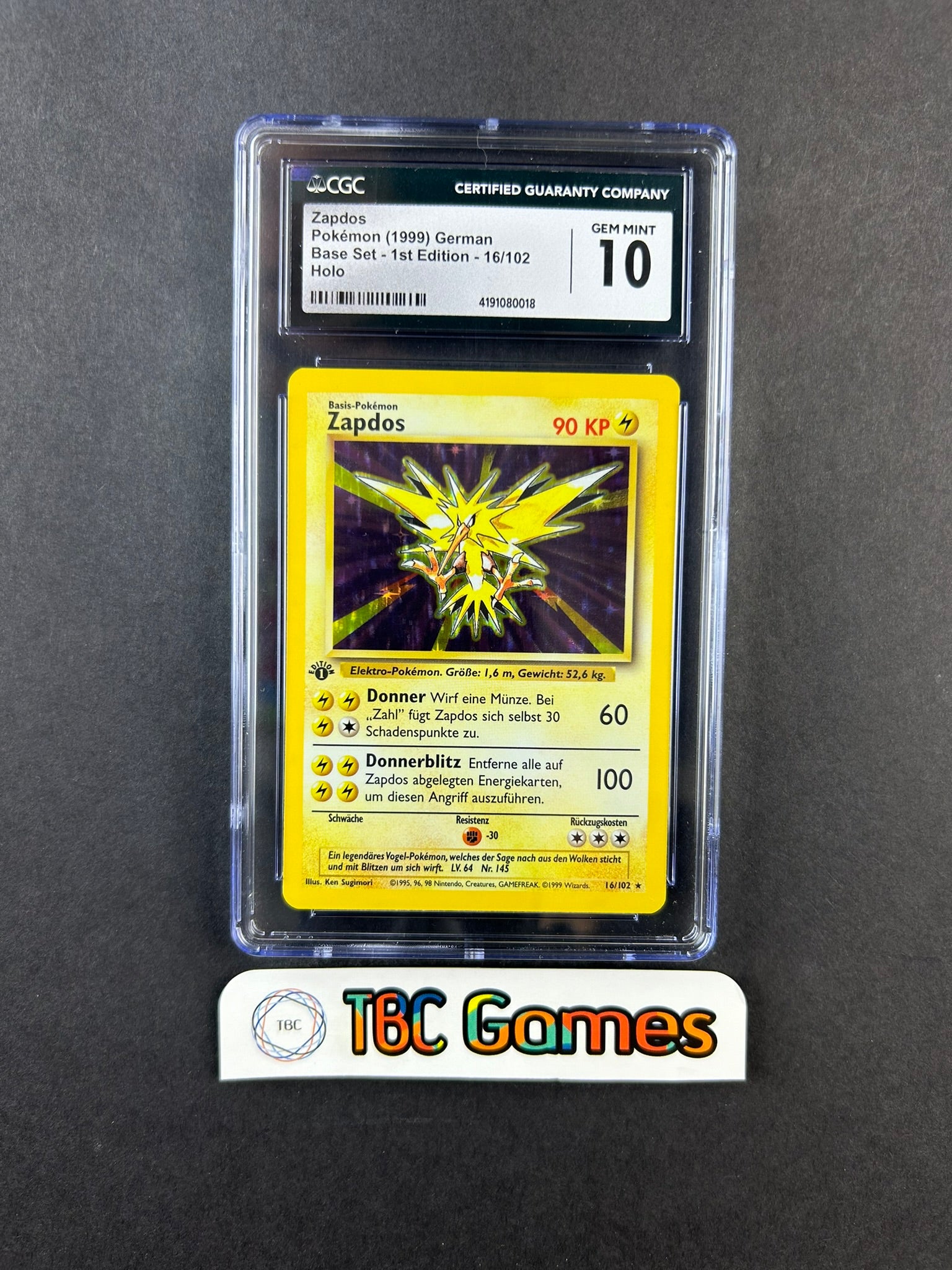 Zapdos Base Set 1st Edition Holo GERMAN 16/102 CGC 10 – TBC Games