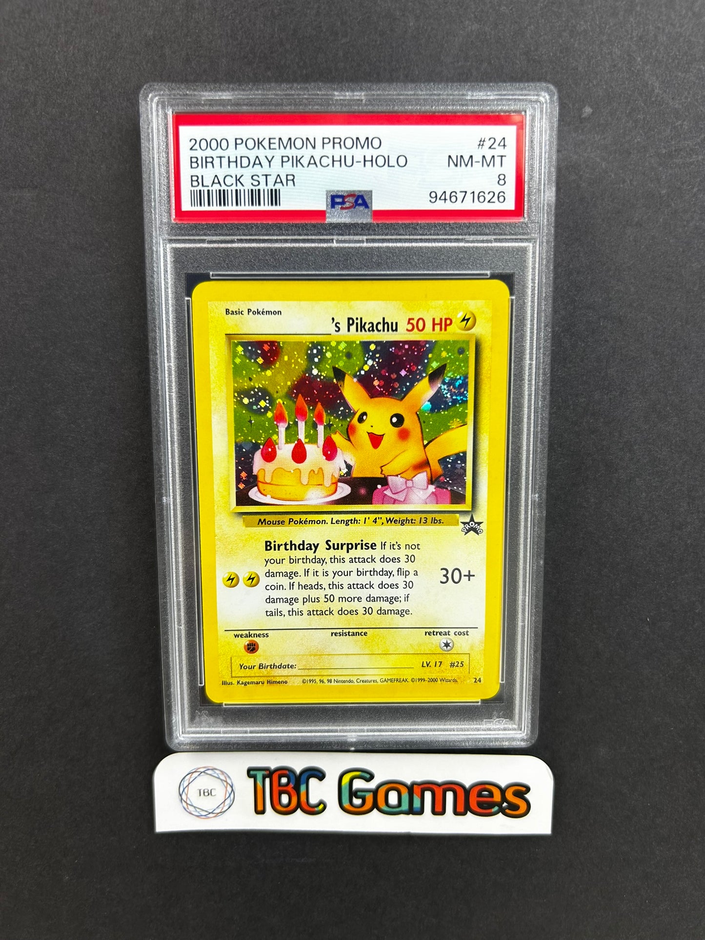 birthday pikachu pokemon card Birthday Pikachu Holo WotC Black Star Promo 24 PSA 8 – TBC Games
