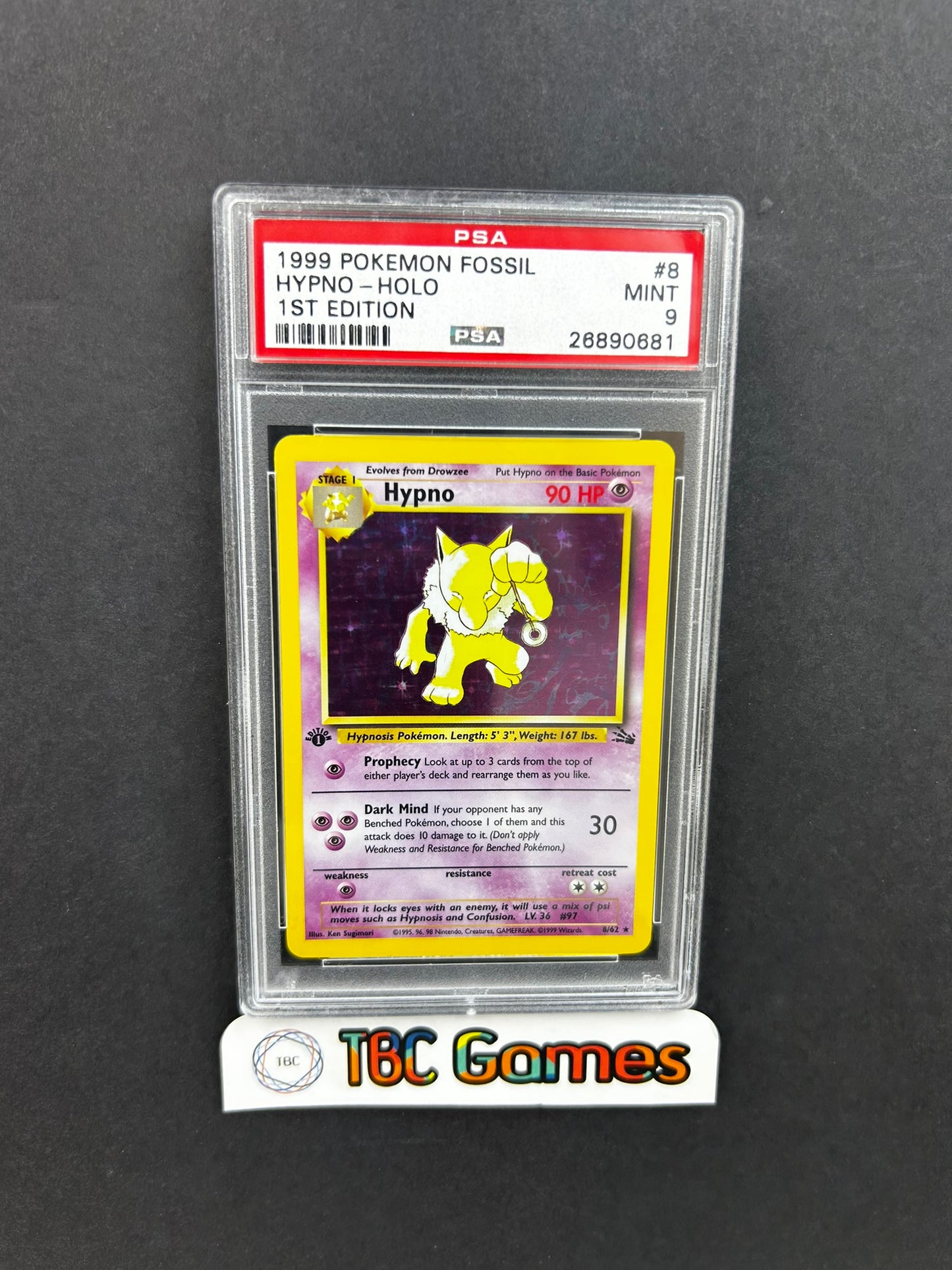 Hypno Fossil 1st Edition Holo 8/62 PSA 9