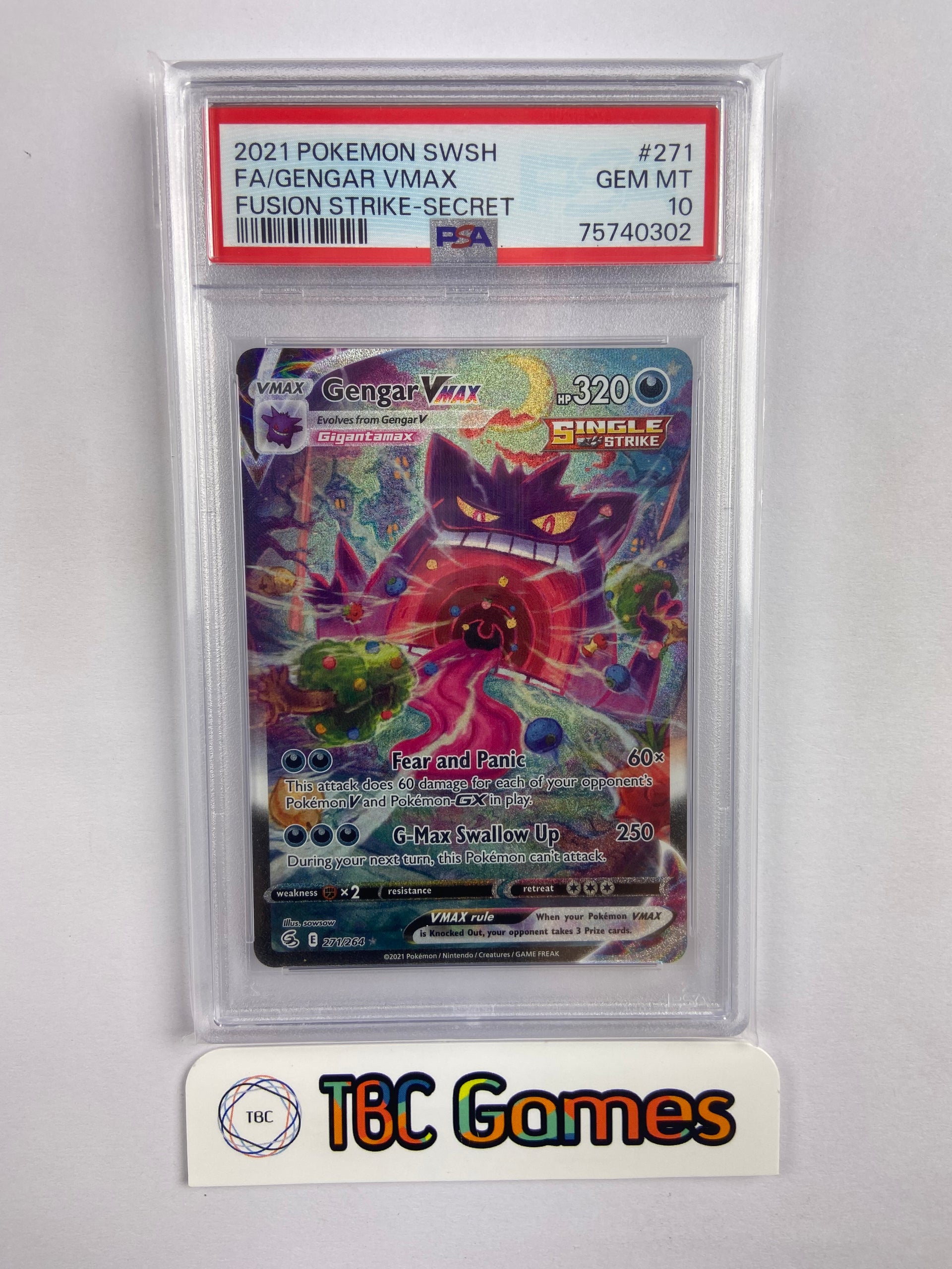 Gengar VMAX Fusion Strike Alt Art 271/264 PSA 10 TBC Games Gengar VMAX Fusion Strike Alt Art 271/264 PSA 10 TBC Games