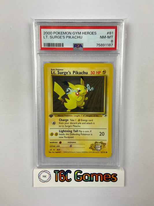 Lt. Surge's Pikachu Gym Heroes 1st Edition 81/132 PSA 8