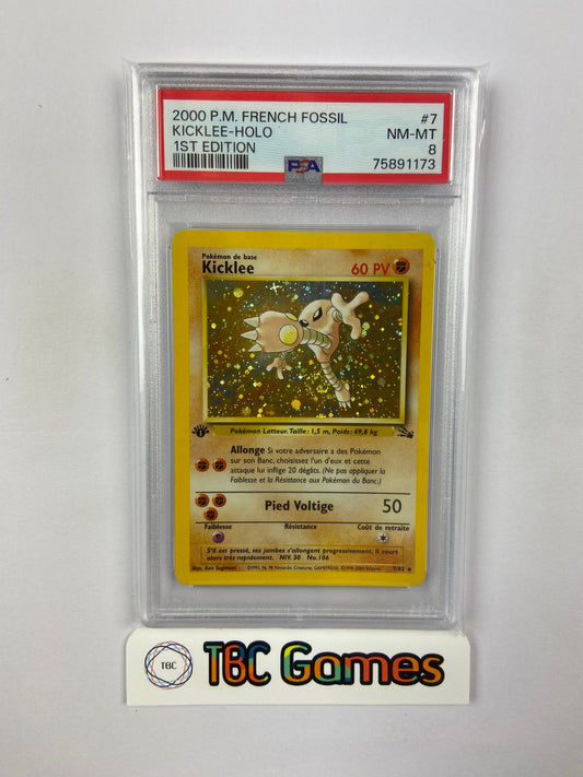 Kicklee Hitmonlee Fossil 1st Edition 7/62 FRENCH PSA 8