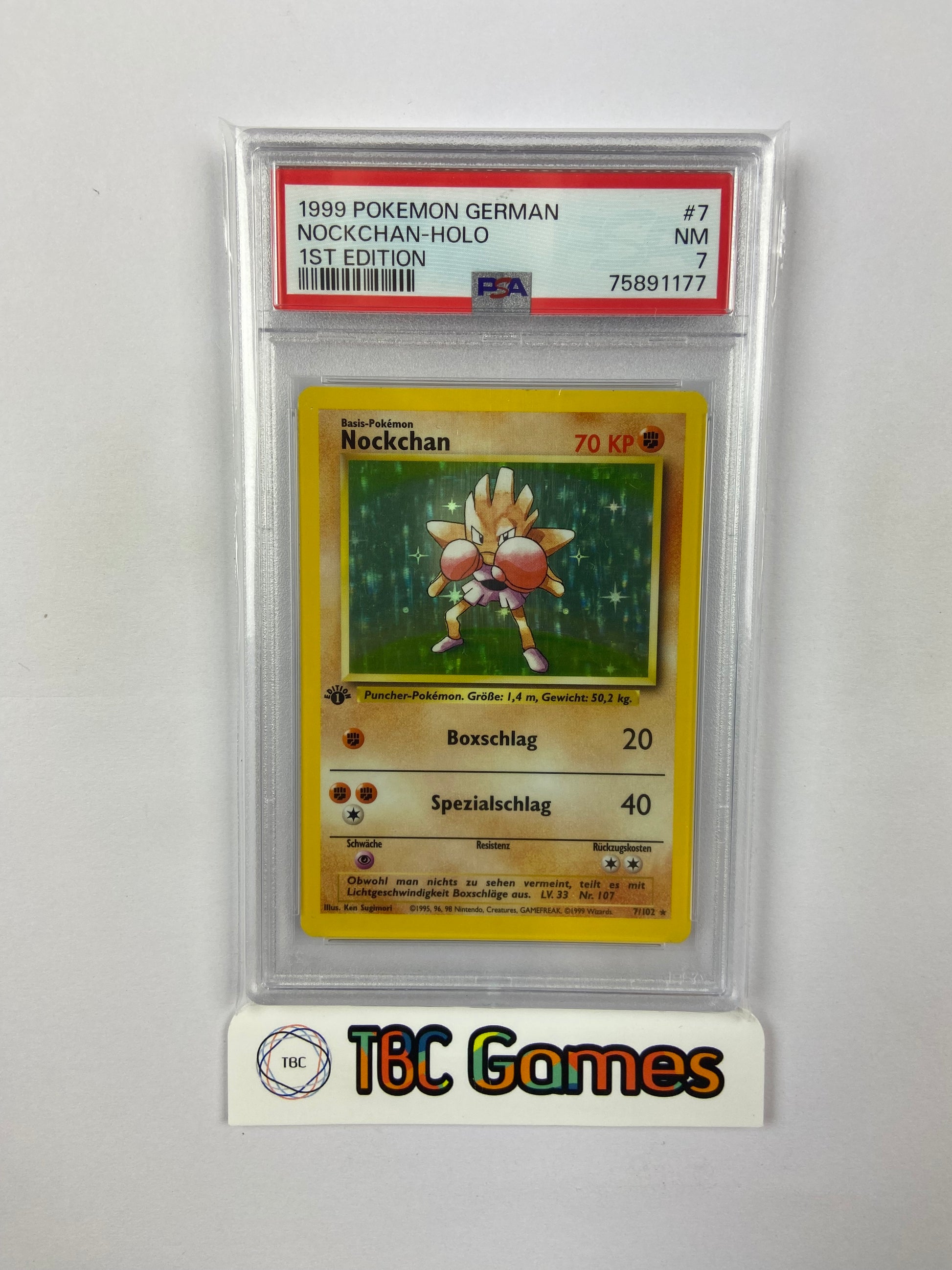 Nockchan Hitmonchan Base Set 1st Edition 7/102 GERMAN PSA 7 – TBC Games