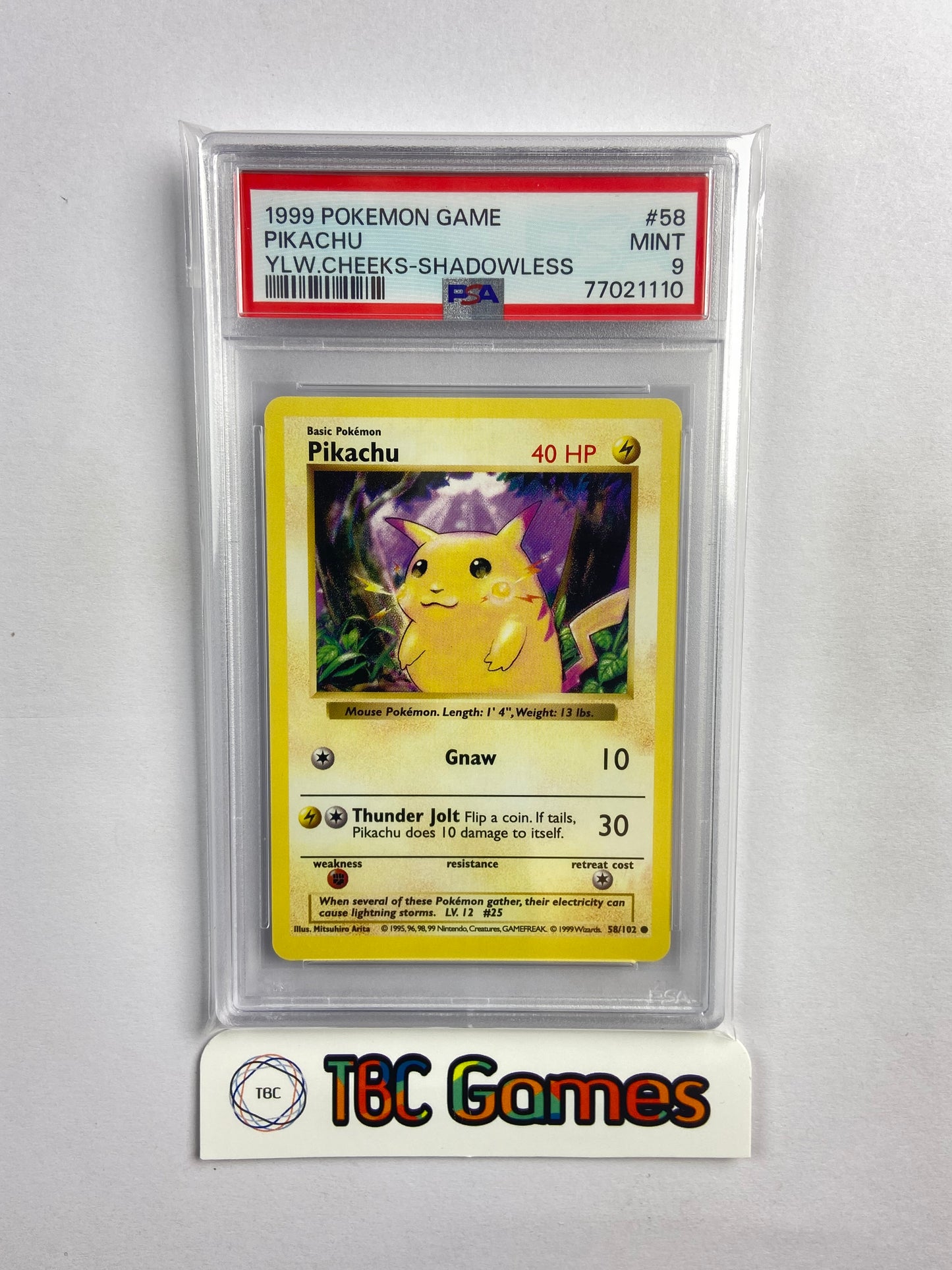 Pikachu Base Set Shadowless Yellow Cheeks 58/102 PSA 9 TBC Games Pikachu Base Set Shadowless Yellow Cheeks 58/102 PSA 9 TBC Games