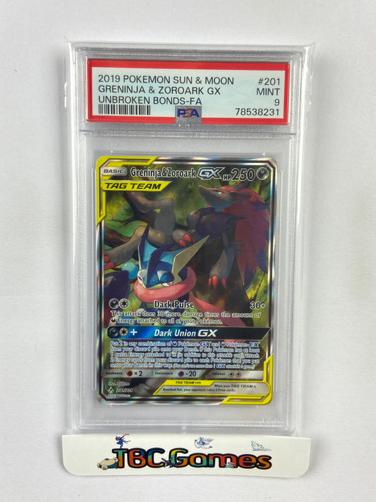 Greninja & Zoroark GX Unbroken Bonds Alt Art 201/214 PSA 9