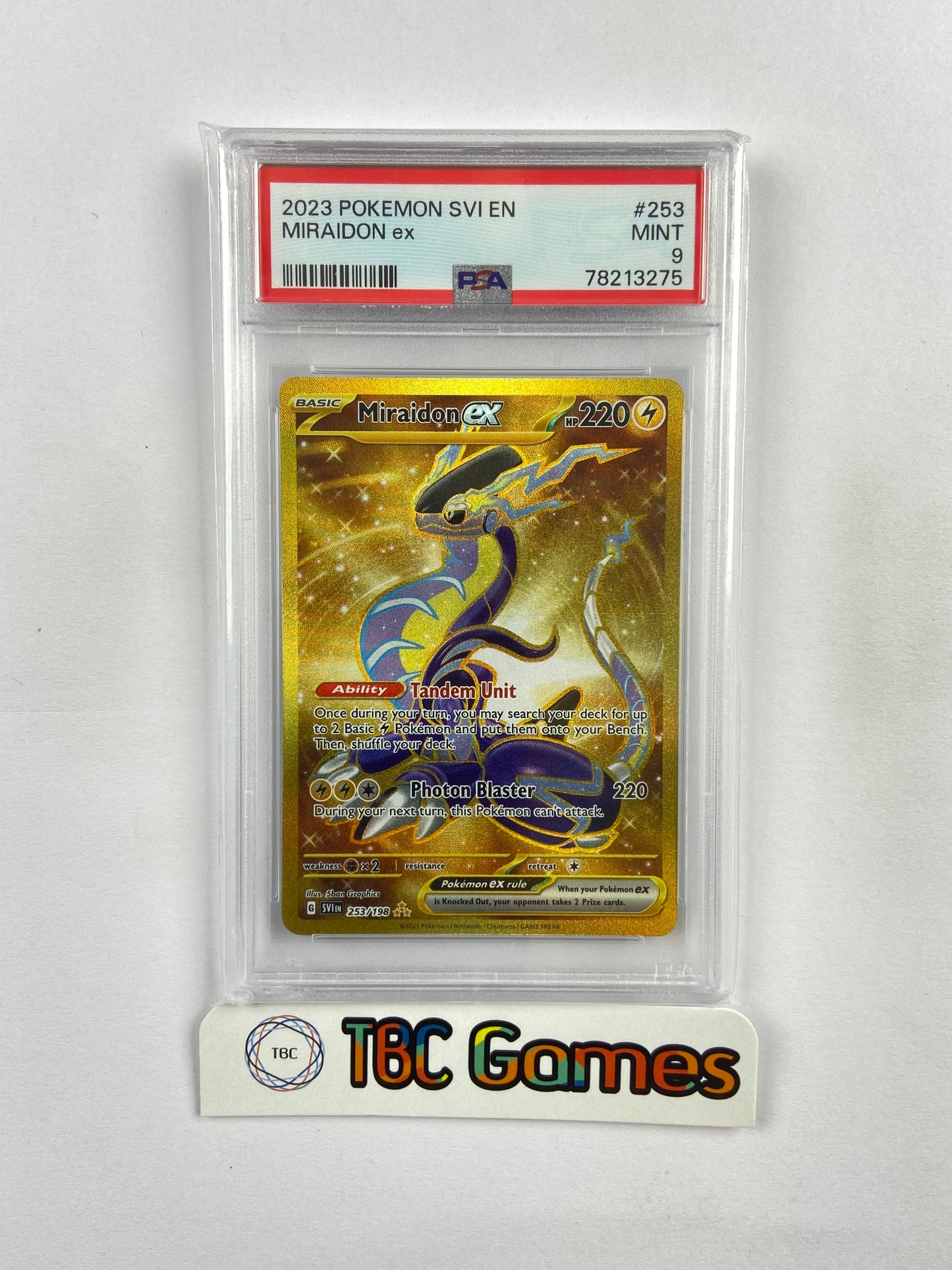 gold miraidon pokemon card Miraidon ex Scarlet & Violet Base 253/198 PSA 9 – TBC Games