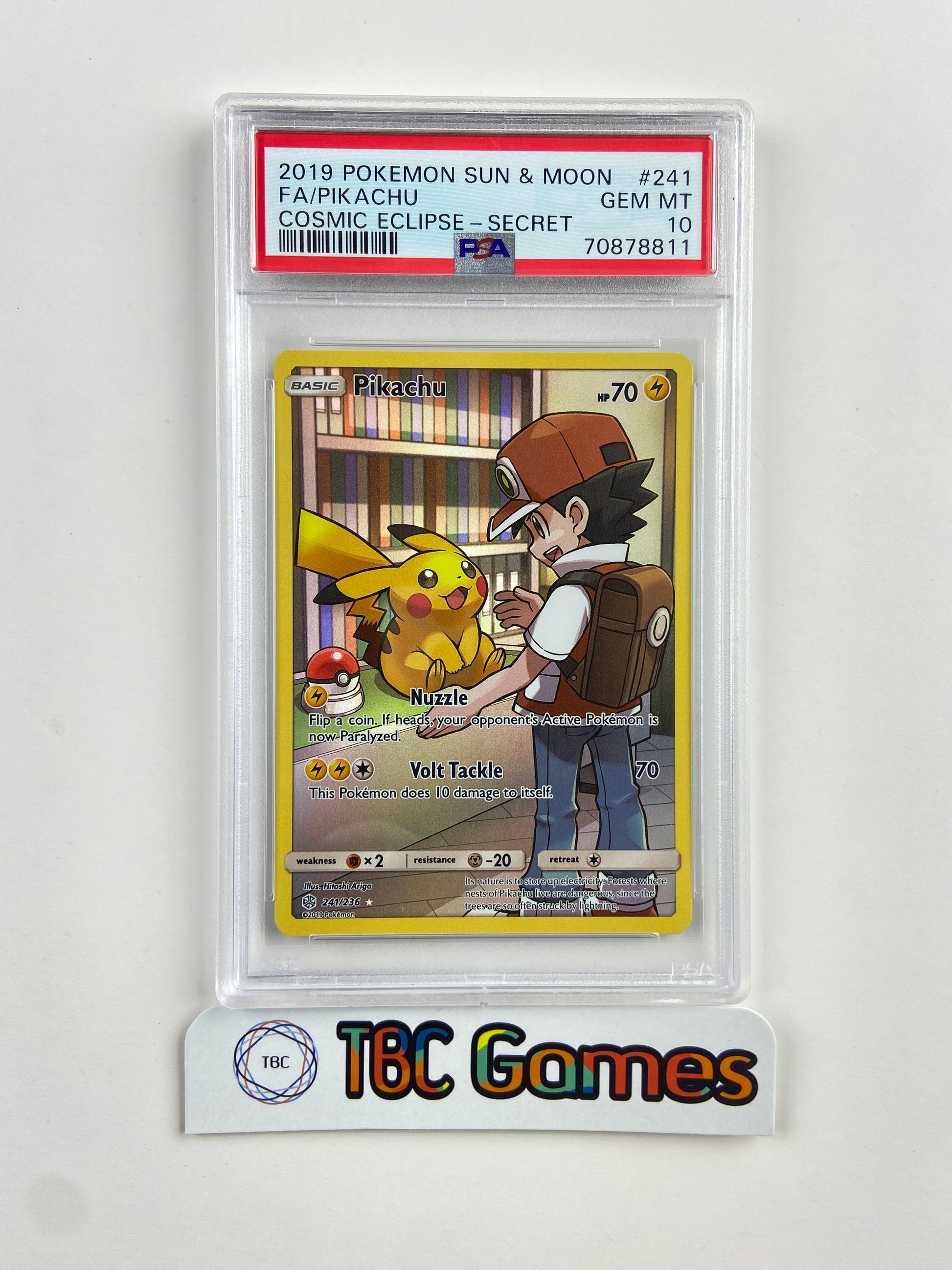 Pikachu Cosmic Eclipse Secret Trainer Red 241/236 PSA 10 TBC Games Pikachu Cosmic Eclipse Secret Trainer Red 241/236 PSA 10 TBC Games