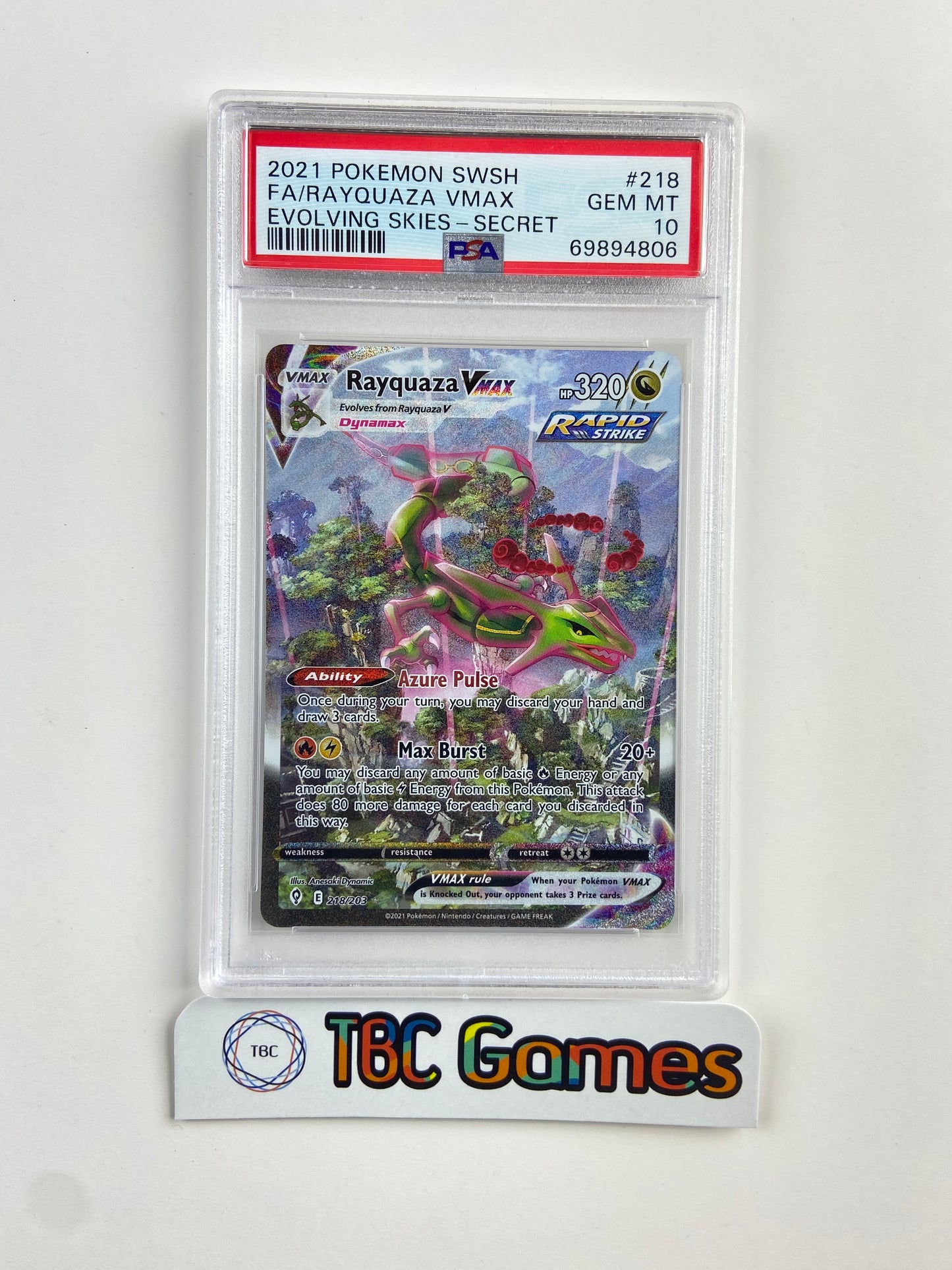 Rayquaza VMAX Evolving Skies Alt Art 218 PSA 10 – TBC Games
