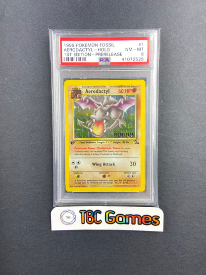 Aerodactyl Fossil 1st Edition Prerelease Holo 1/62 PSA 8