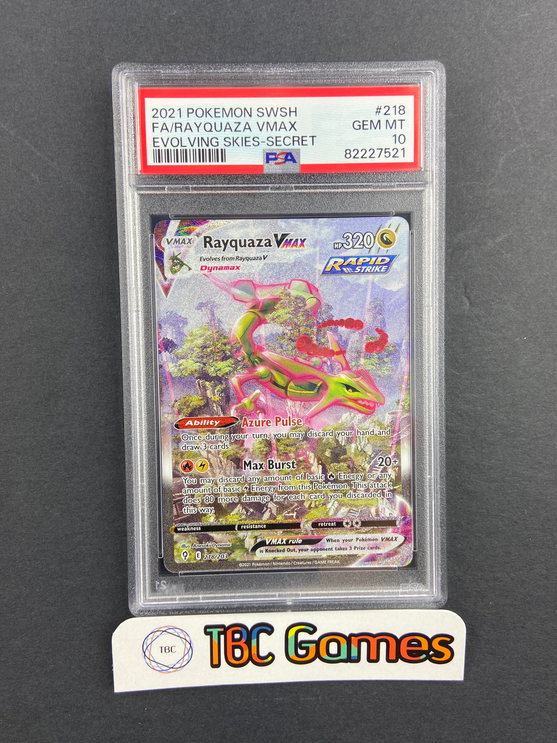 Rayquaza VMAX Evolving Skies Alt Art 218/203 PSA 10 TBC Games Rayquaza VMAX Evolving Skies Alt Art 218/203 PSA 10 TBC Games