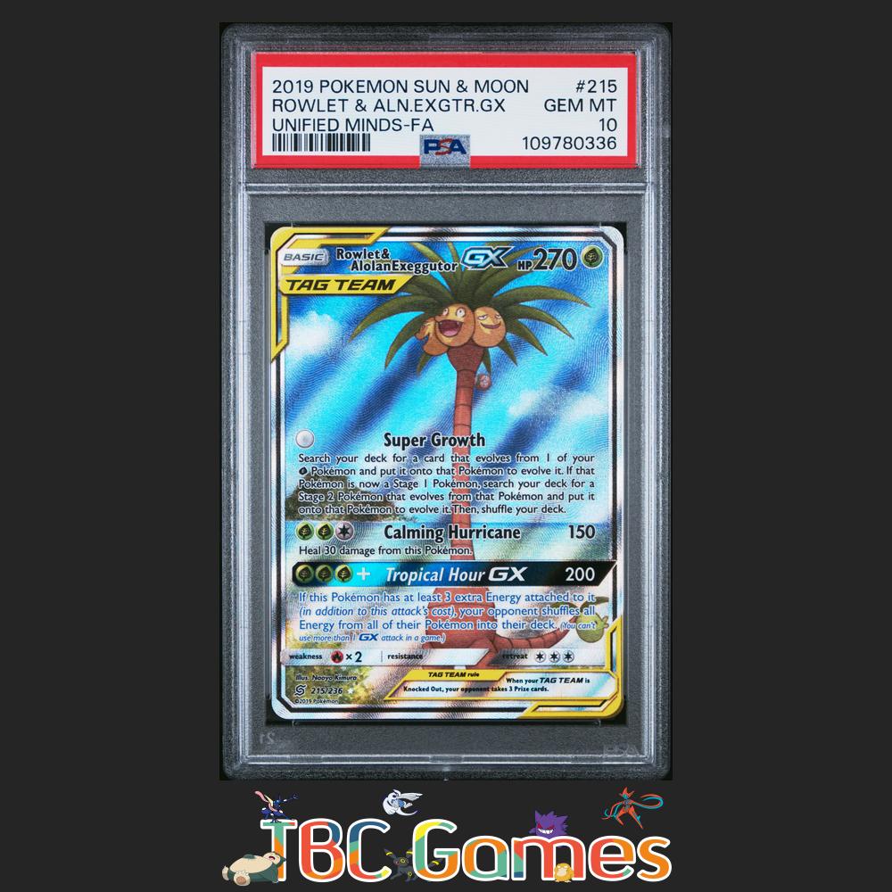 Rowlet & Alolan Exeggutor GX Unified Minds #215 PSA 10