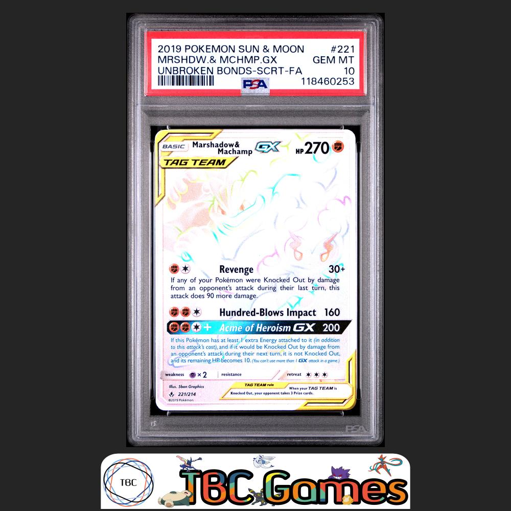 Marshadow & Machamp GX Unbroken Bonds #221 PSA 10 Front