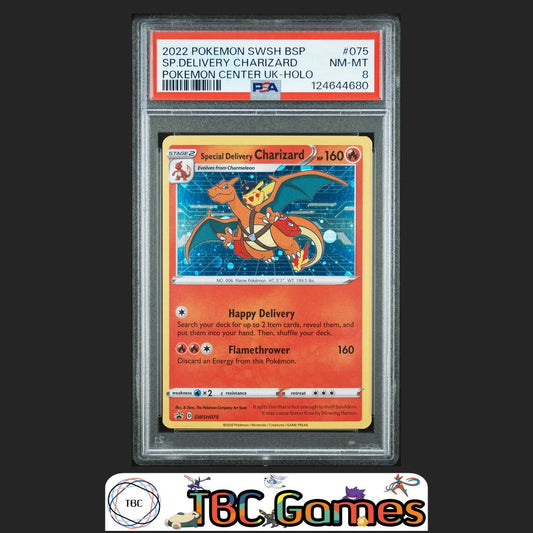 Special Delivery Charizard SWSH Black Star Promo #075 Center UK PSA 8 Front
