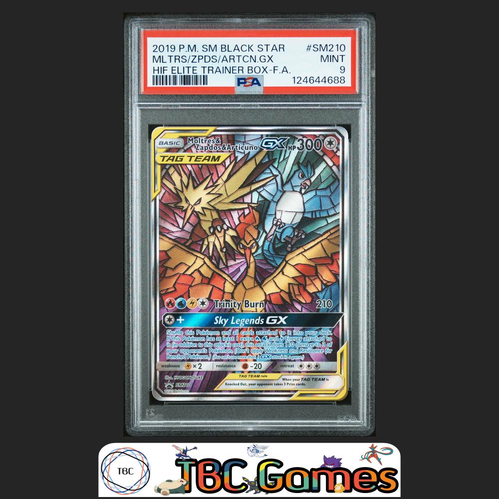 Moltres & Zapdos & Articuno GX Black Star Promo #SM210 Elite Trainer Box PSA 9 Front