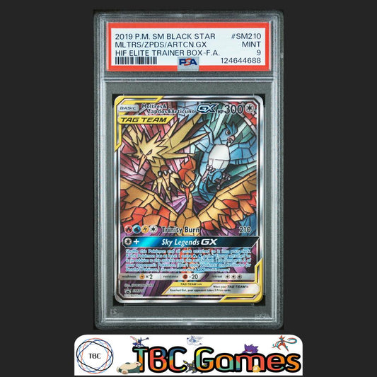 Moltres & Zapdos & Articuno GX Black Star Promo #SM210 Elite Trainer Box PSA 9 Front