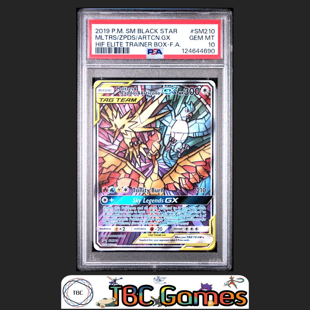 Moltres & Zapdos & Articuno GX Black Star Promo #SM210 Elite Trainer Box PSA 10 Front