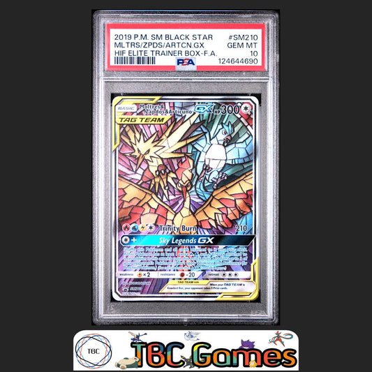 Moltres & Zapdos & Articuno GX Black Star Promo #SM210 Elite Trainer Box PSA 10 Front