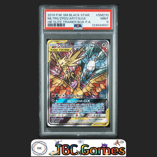 Moltres & Zapdos & Articuno GX Black Star Promo #SM210 Elite Trainer Box PSA 9 Front