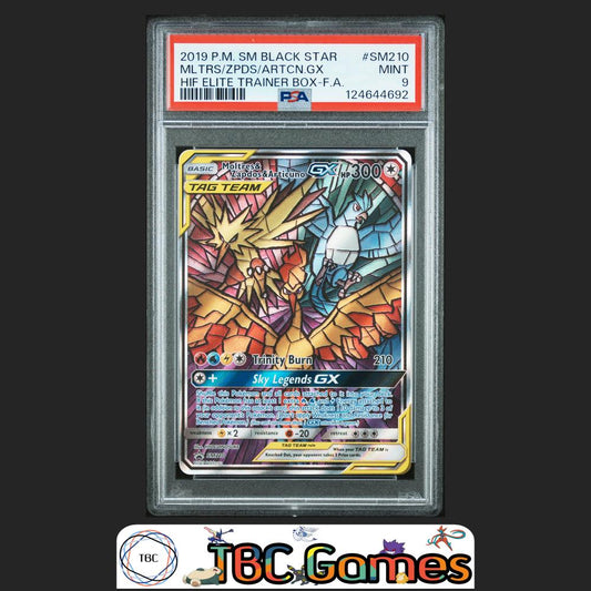 Moltres & Zapdos & Articuno GX Black Star Promo #SM210 Elite Trainer Box PSA 9 Front